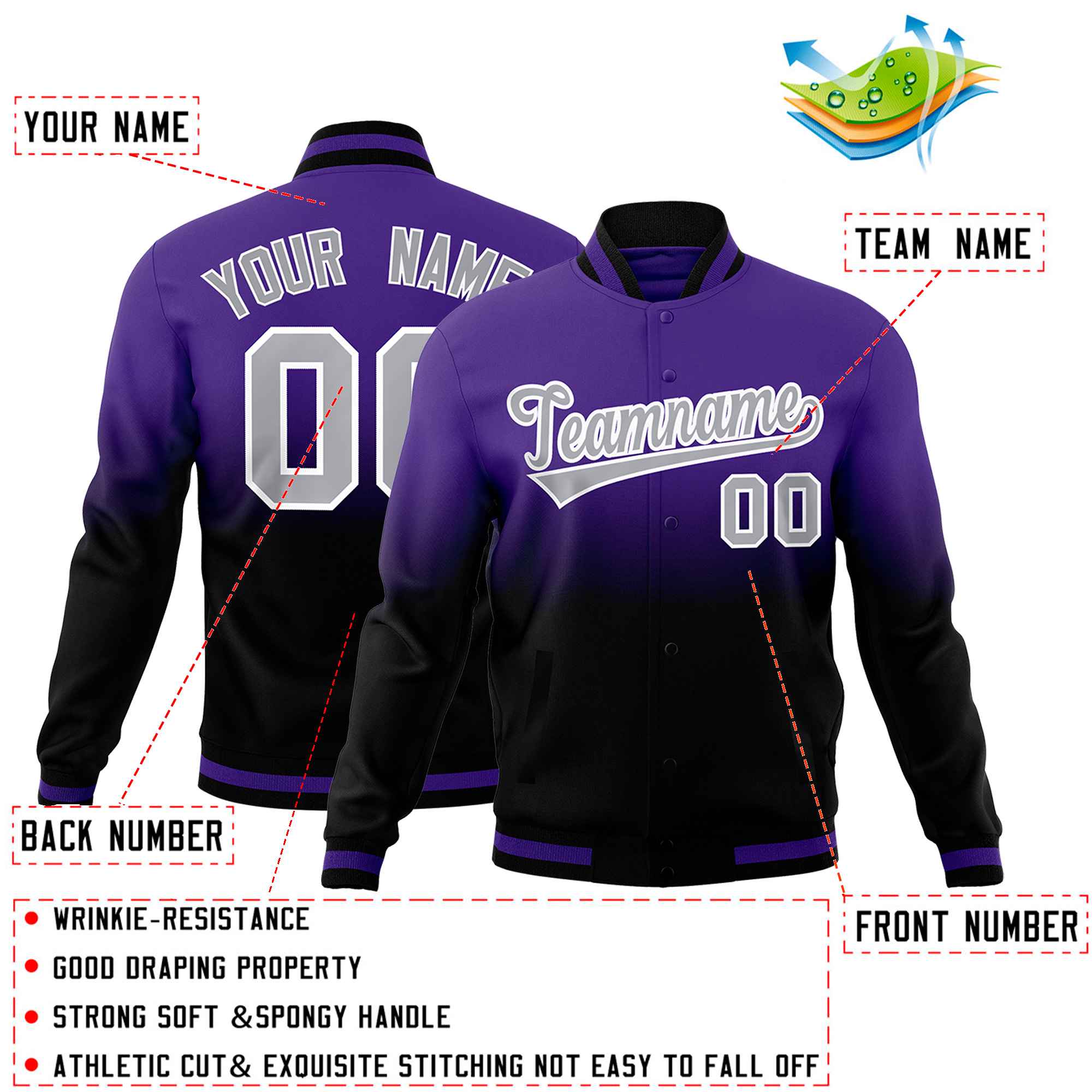 Custom Purple Black Full-Snap Varsity Personalization Gradient Fashion Letterman Jacket| KXKSHOP