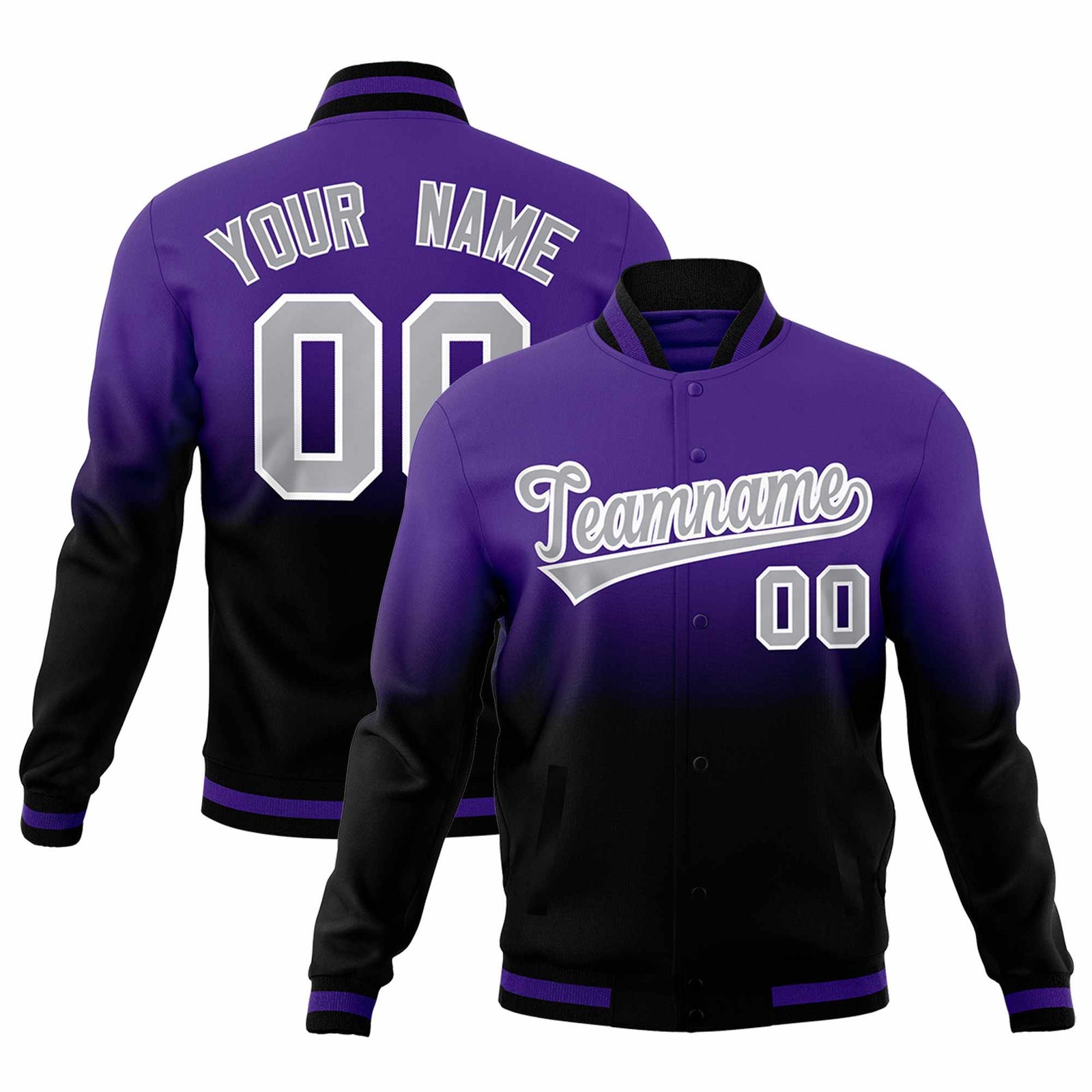 Custom Purple Black Full-Snap Varsity Personalization Gradient Fashion Letterman Jacket| KXKSHOP