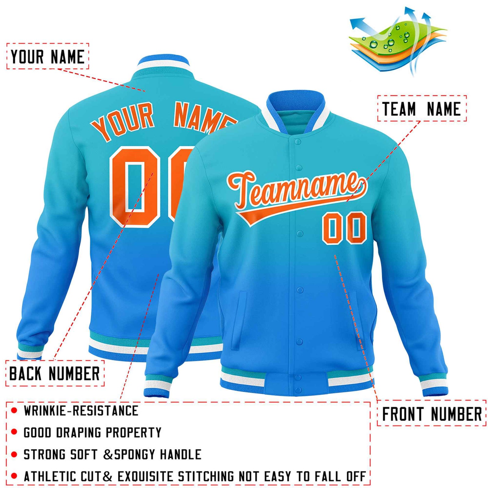 Custom Sky Blue Powder Blue Full-Snap Varsity Personalization Gradient Fashion Letterman Jacket| KXKSHOP