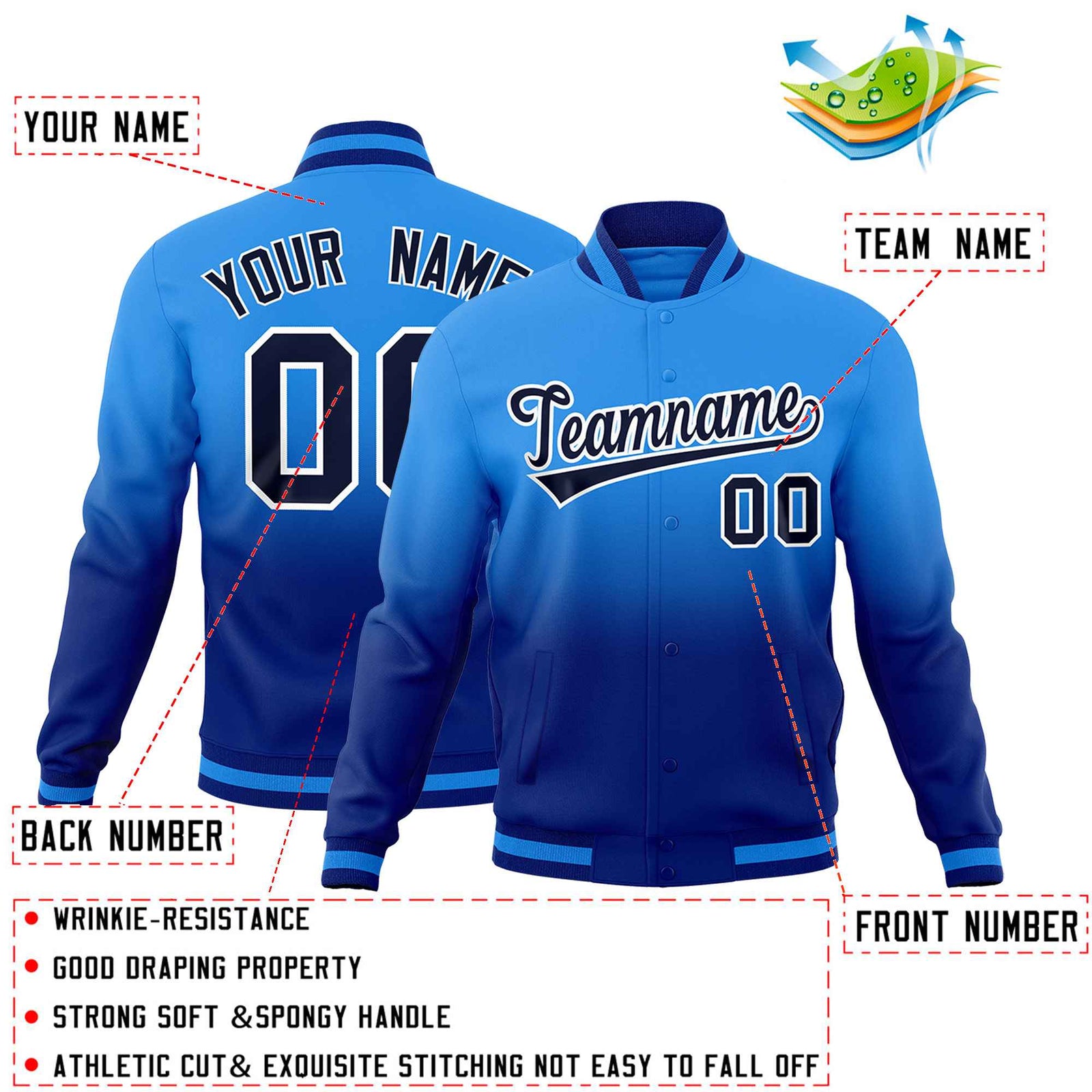 Custom Powder Blue Royal Full-Snap Varsity Personalization Gradient Fashion Letterman Jacket| KXKSHOP