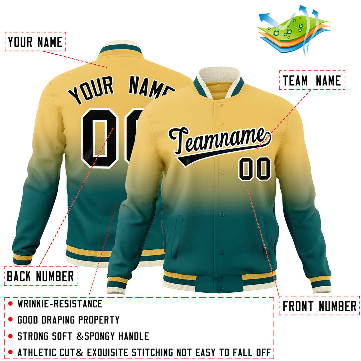 Custom Khaki Teal Full-Snap Varsity Personalization Gradient Fashion Letterman Jacket| KXKSHOP