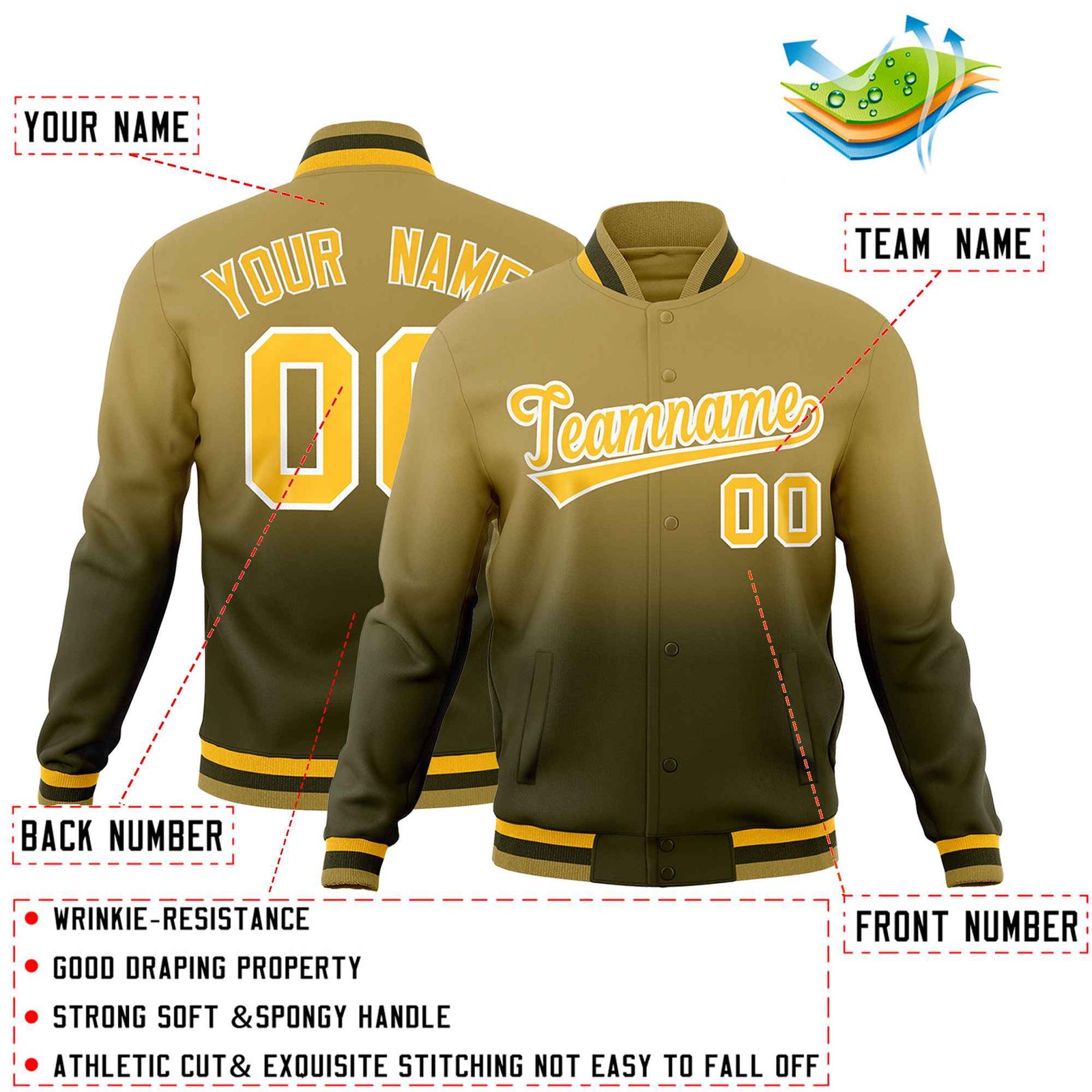 Custom Olive Desert Yellow Full-Snap Varsity Personalization Gradient Fashion Letterman Jacket| KXKSHOP