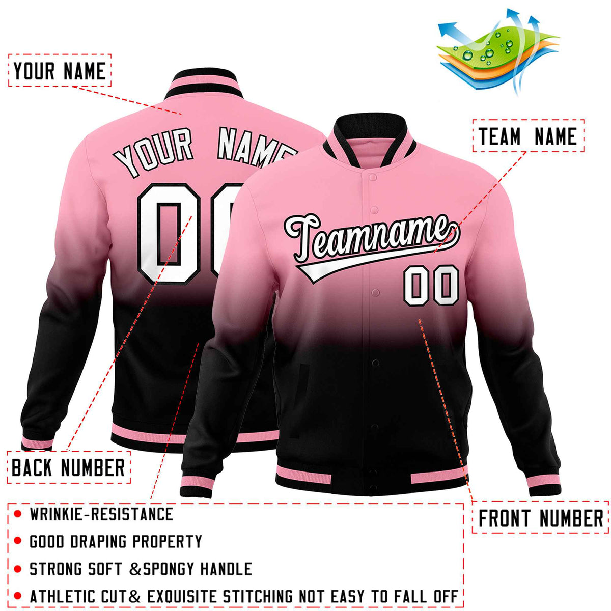 Custom Light Pink Black Full-Snap Varsity Personalization Gradient Fashion Letterman Jacket| KXKSHOP