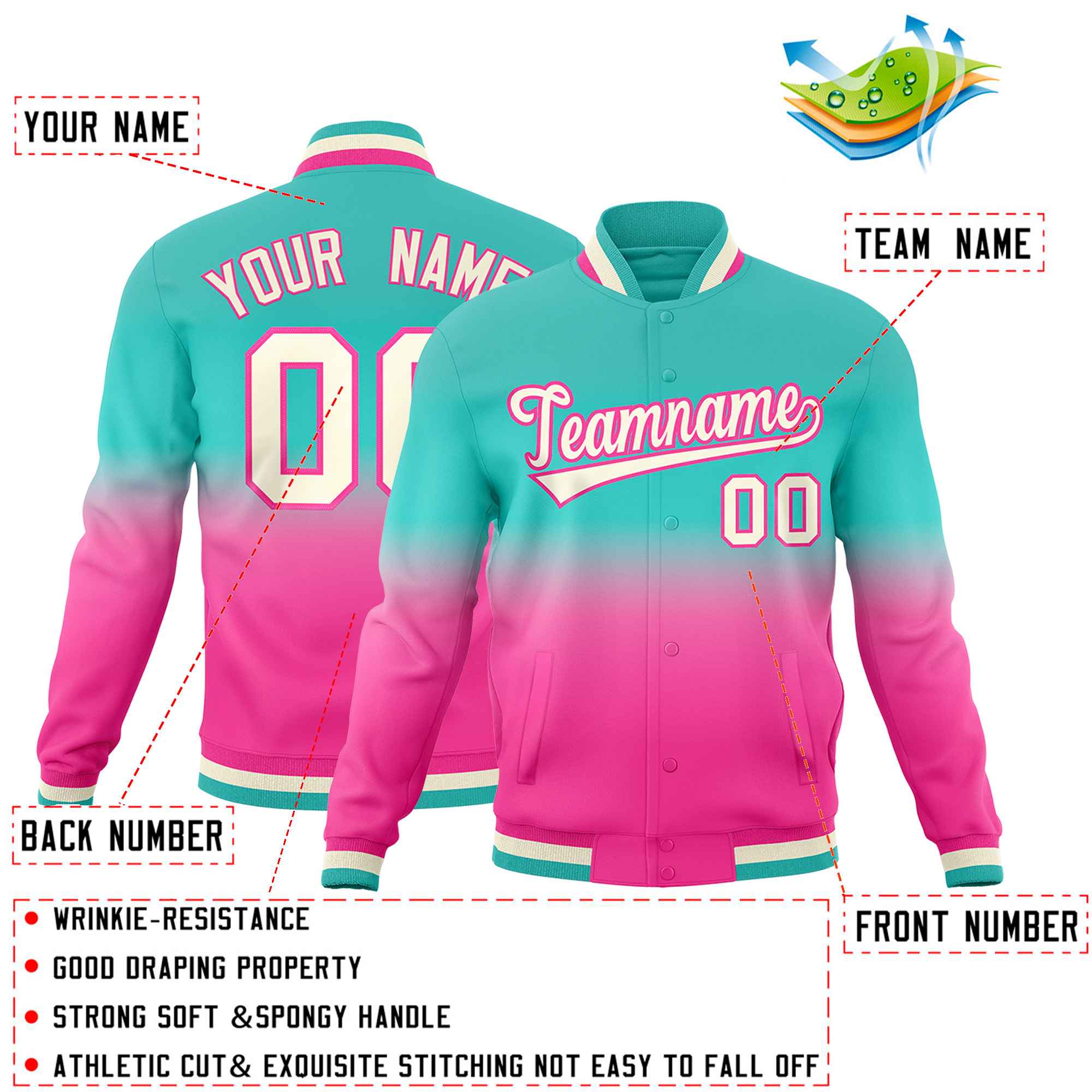 Custom Pink Bright Green Full-Snap Varsity Personalization Gradient Fashion Letterman Jacket| KXKSHOP