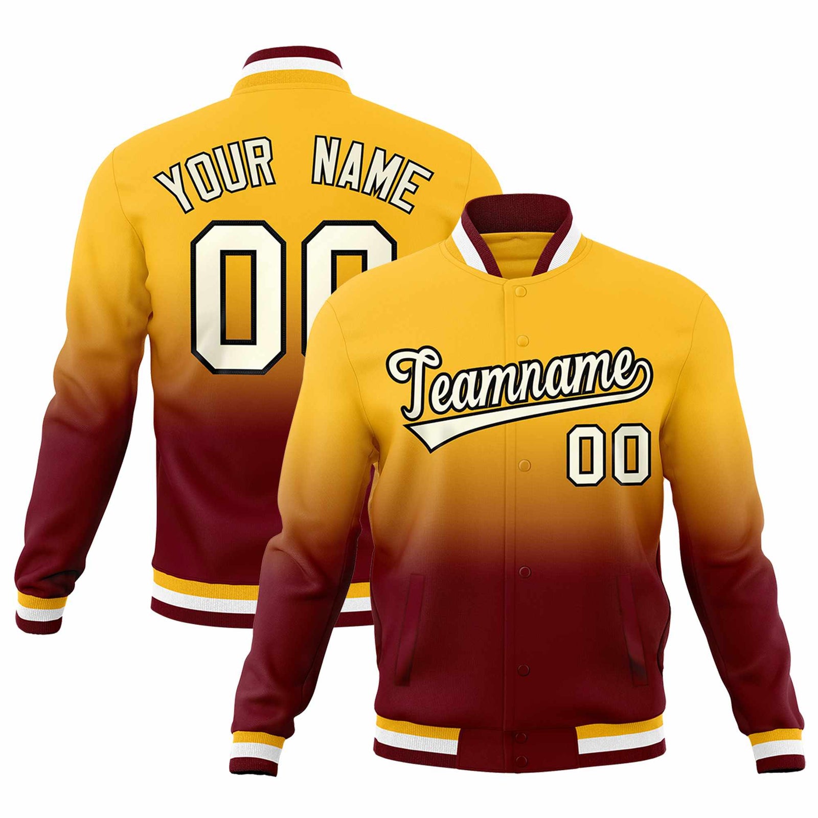 Custom Gold Crimson Full-Snap Varsity Personalization Gradient Fashion Letterman Jacket| KXKSHOP