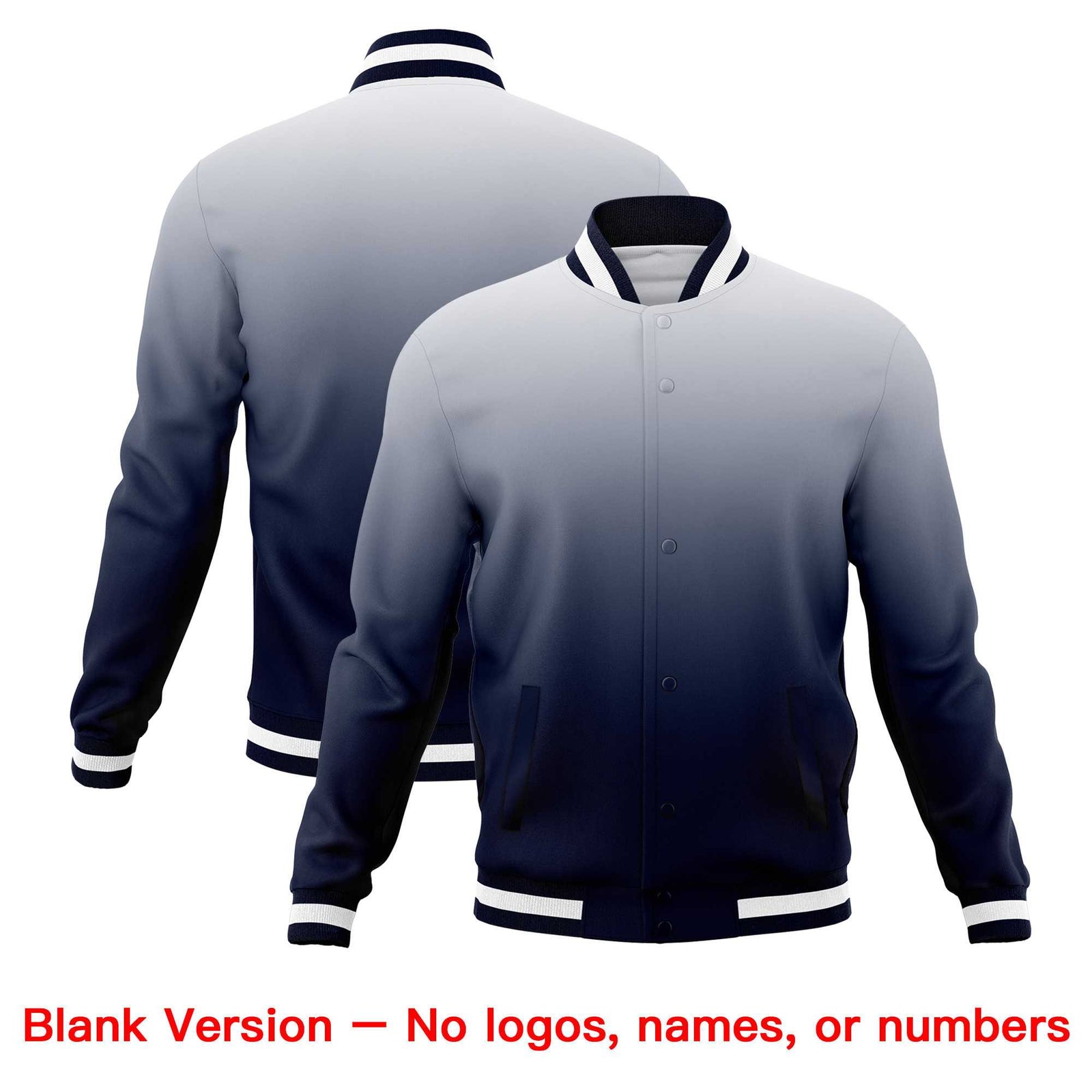 Custom Navy White Full-Snap Varsity Personalization Gradient Fashion Letterman Jacket
