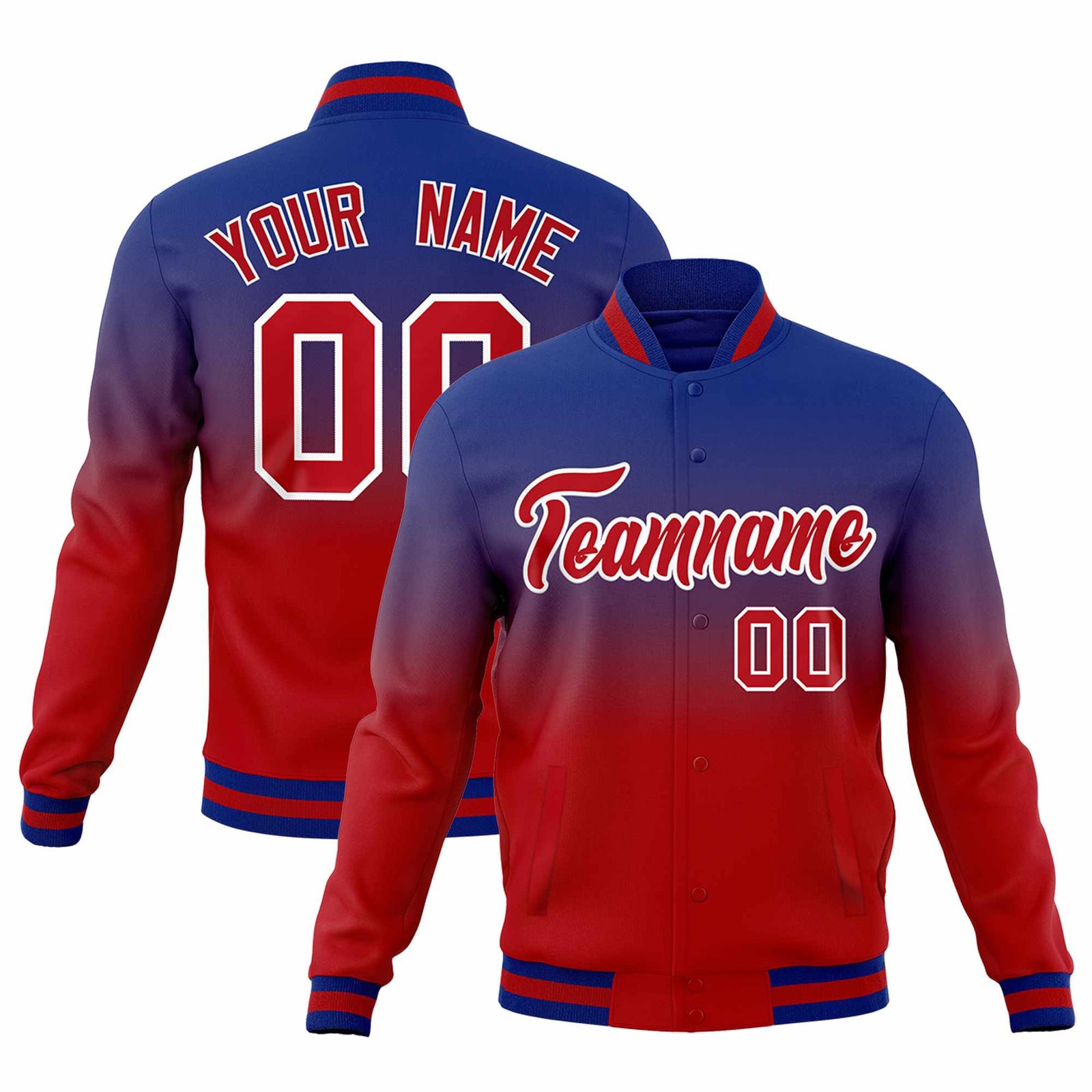 Custom Royal Red Full-Snap Varsity Personalization Gradient Fashion Letterman Jacket
