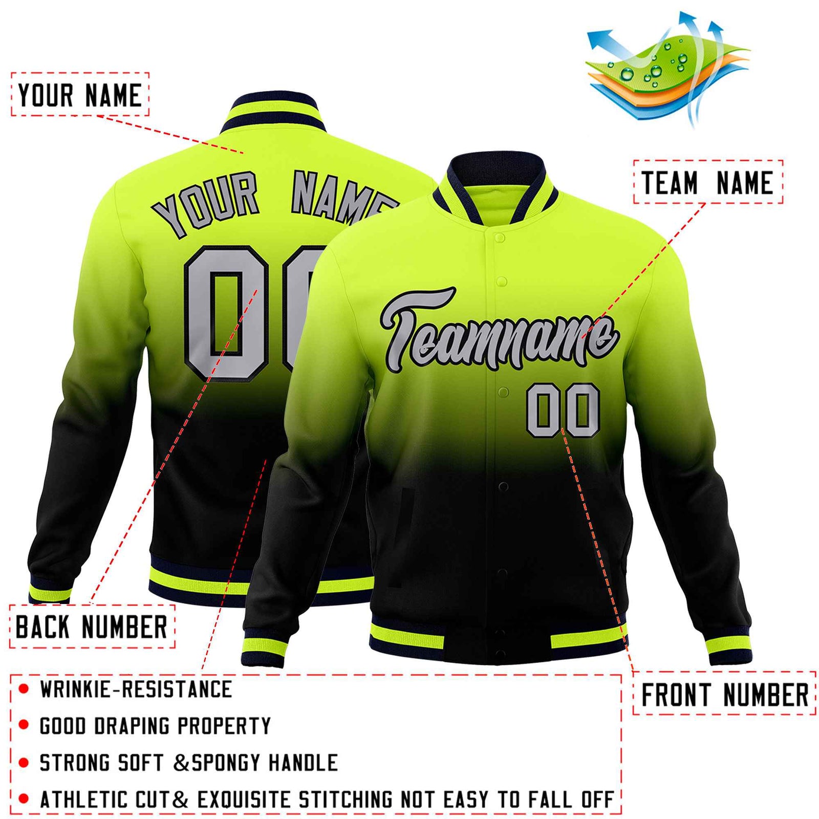 Custom Neon Green Navy Full-Snap Varsity Personalization Gradient Fashion Letterman Jacket