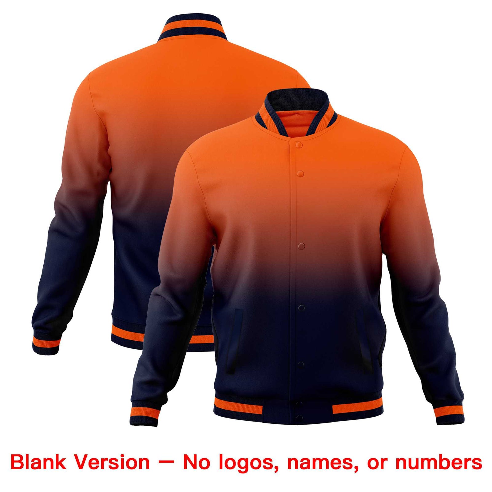 Custom Navy Orange Full-Snap Varsity Personalization Gradient Fashion Letterman Jacket