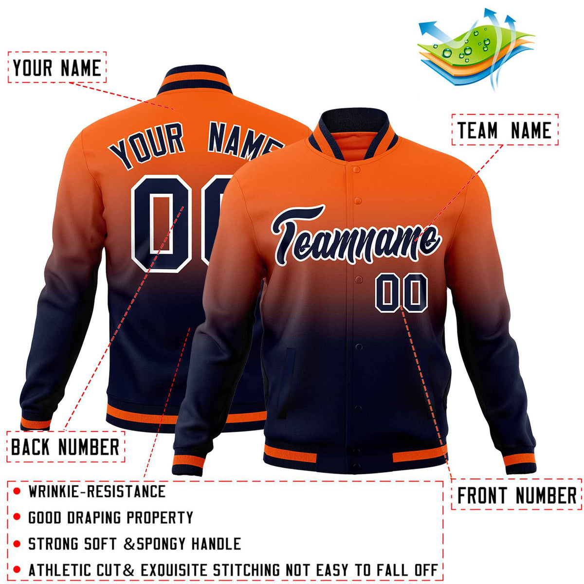 Custom Navy Orange Full-Snap Varsity Personalization Gradient Fashion Letterman Jacket