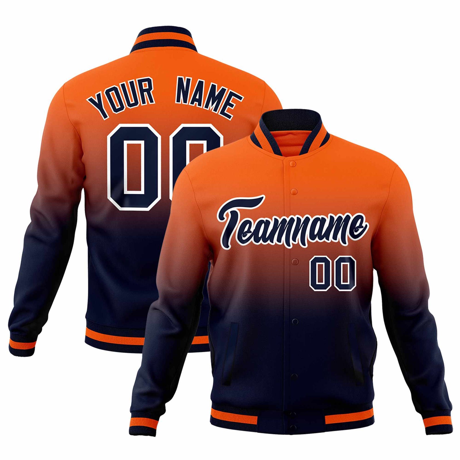 Custom Navy Orange Full-Snap Varsity Personalization Gradient Fashion Letterman Jacket