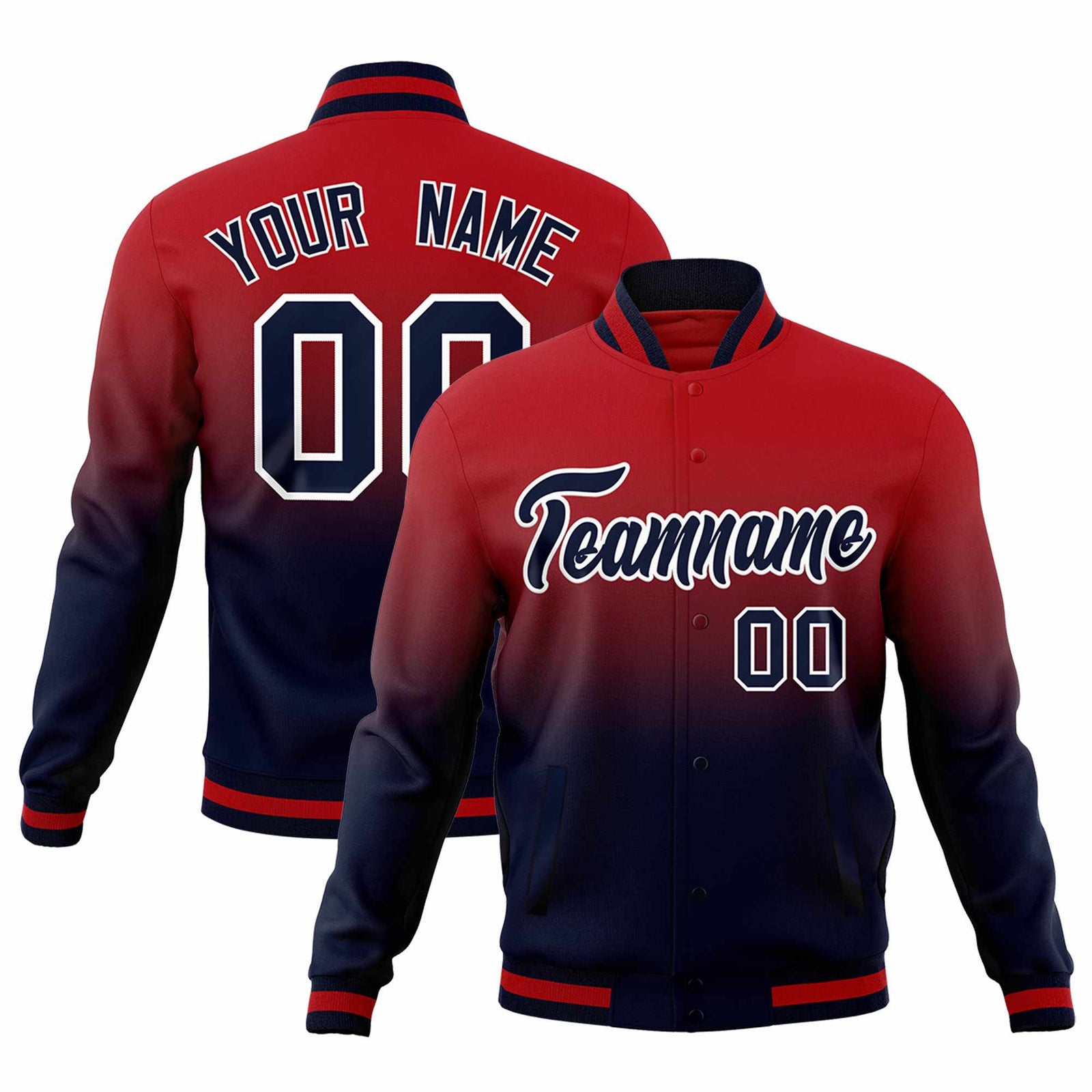 Custom Navy Red Full-Snap Varsity Personalization Gradient Fashion Letterman Jacket