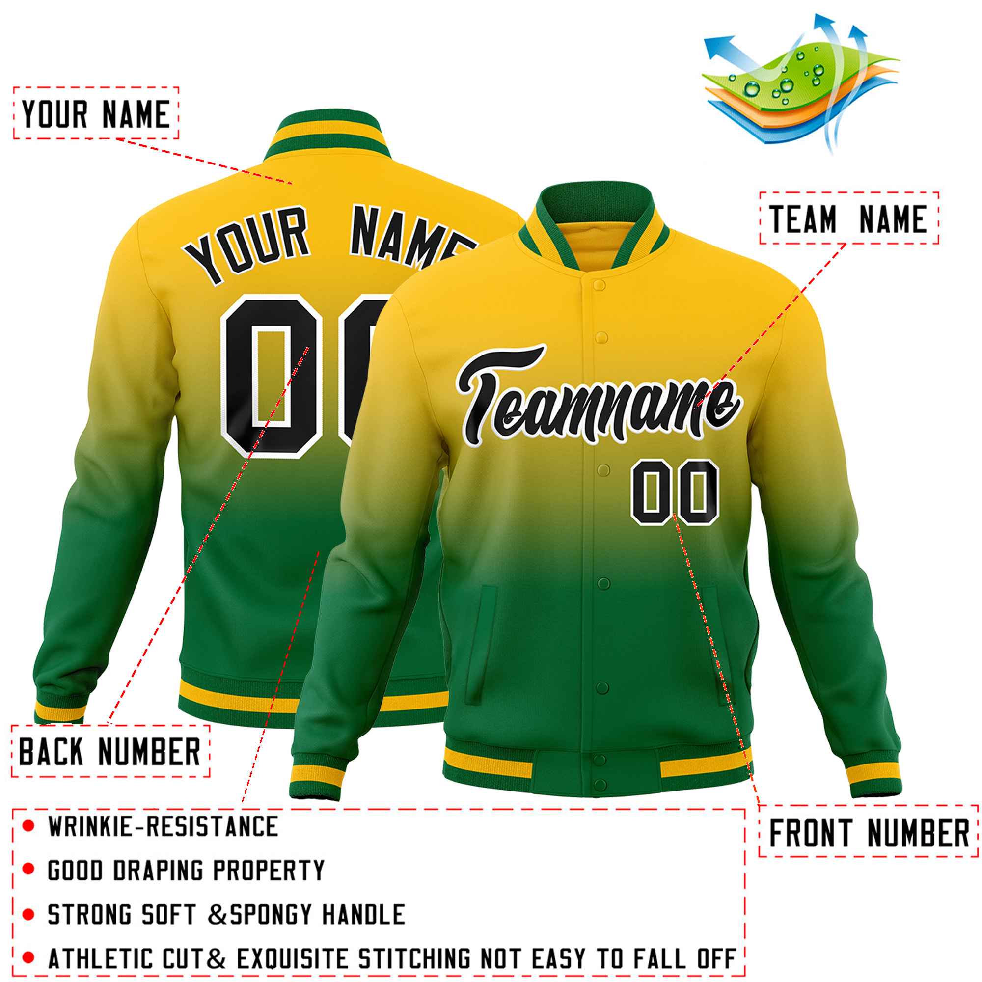 Custom Yellow Kelly Green Full-Snap Varsity Personalization Gradient Fashion Letterman Jacket