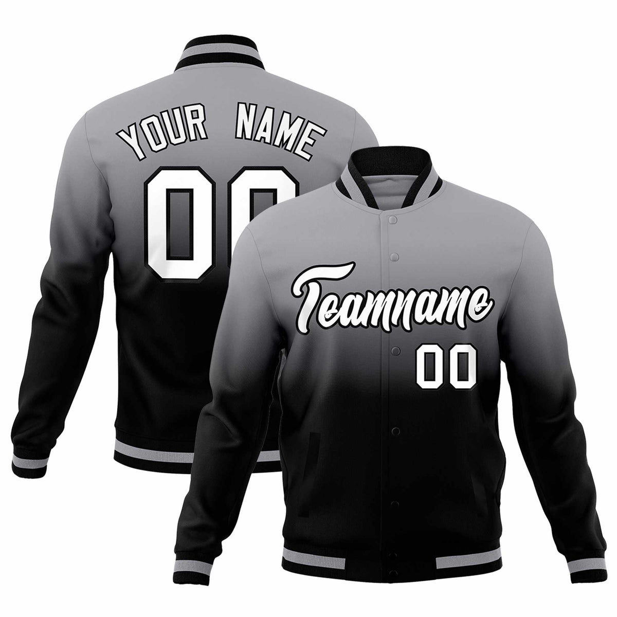 Custom Gray Black Full-Snap Varsity Personalization Gradient Fashion Letterman Jacket