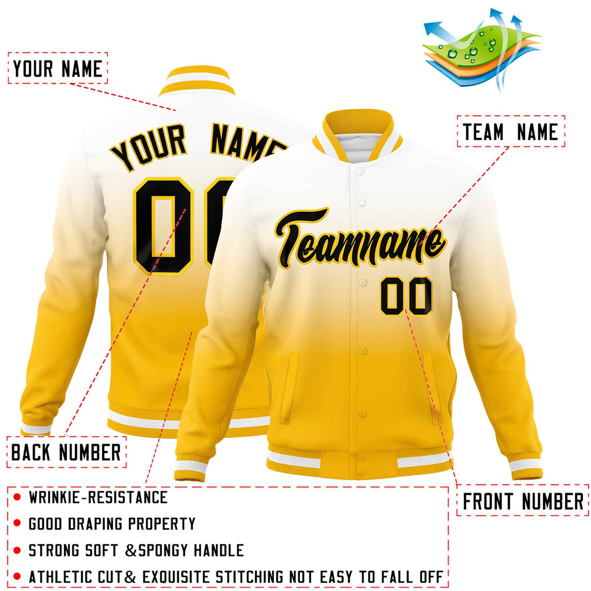 Custom Yellow White Full-Snap Varsity Personalization Gradient Fashion Letterman Jacket