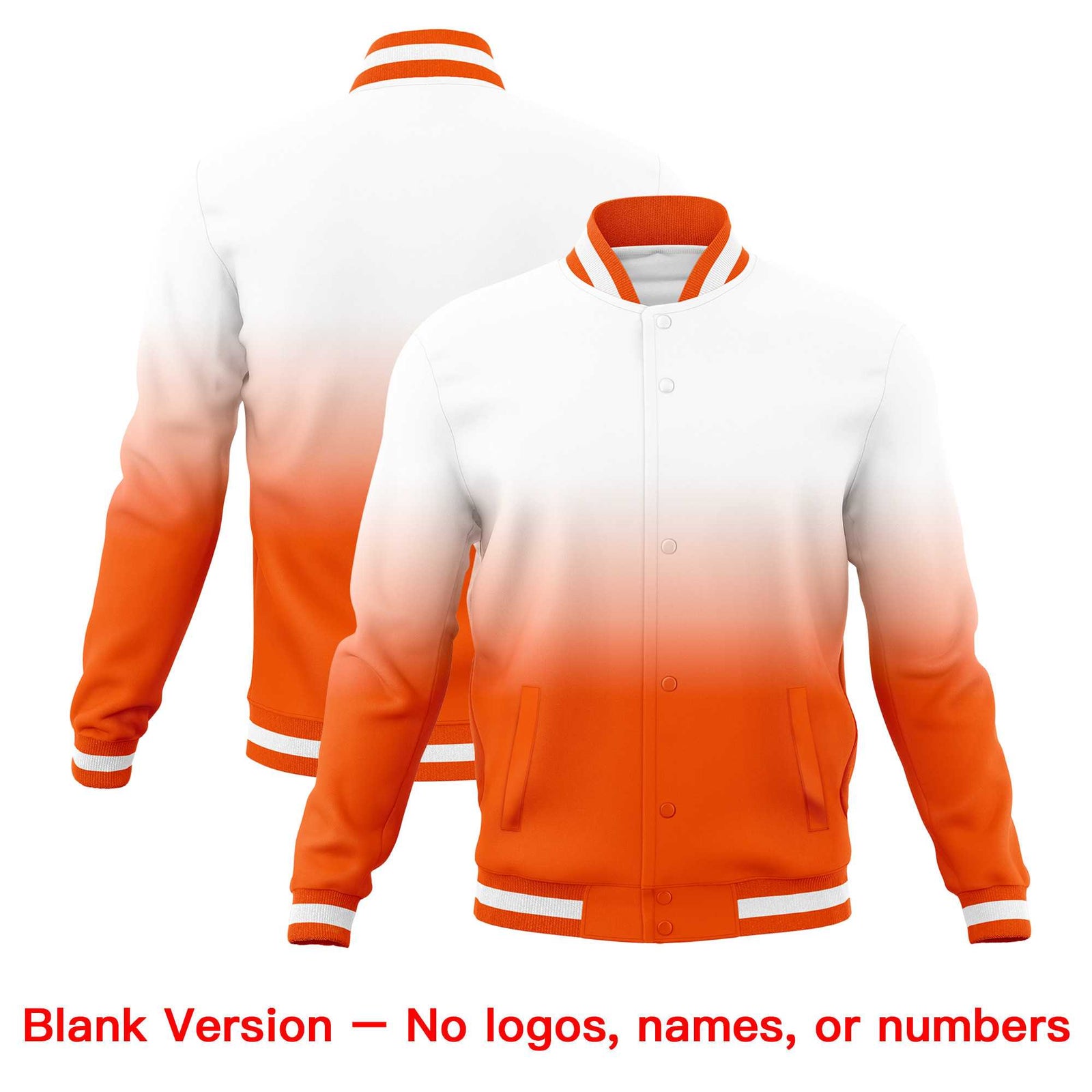 Custom White Orange Full-Snap Varsity Personalization Gradient Fashion Letterman Jacket