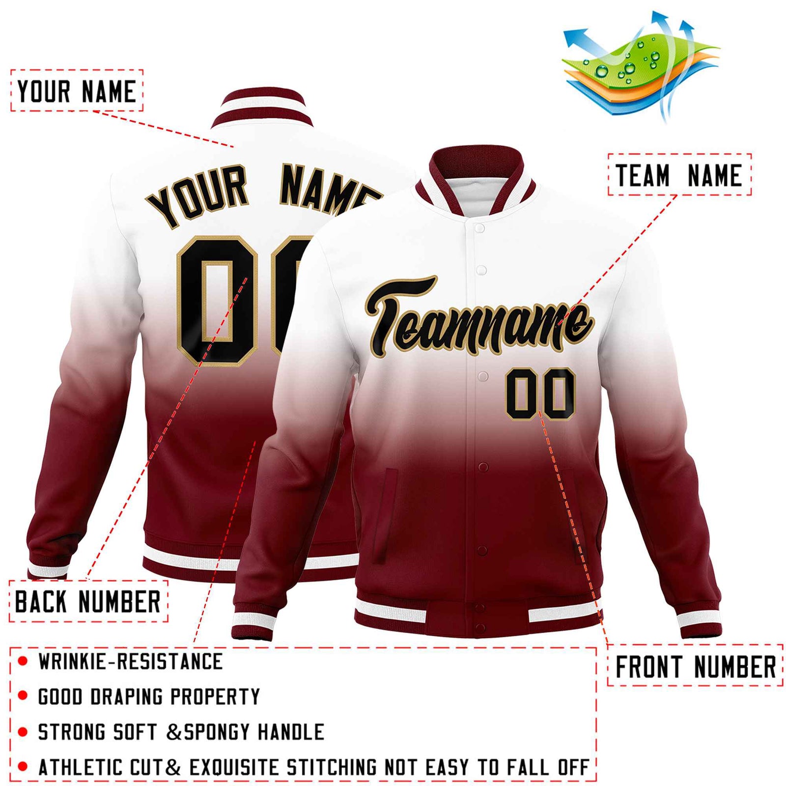 Custom White Crimson Full-Snap Varsity Personalization Gradient Fashion Letterman Jacket