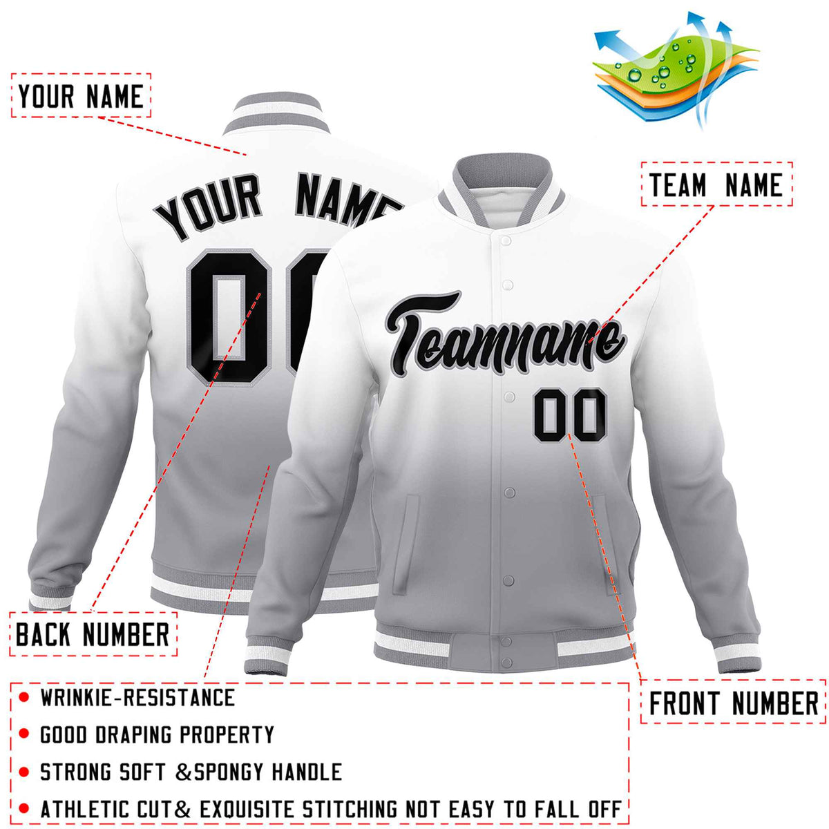Custom White Gray Full-Snap Varsity Personalization Gradient Fashion Letterman Jacket
