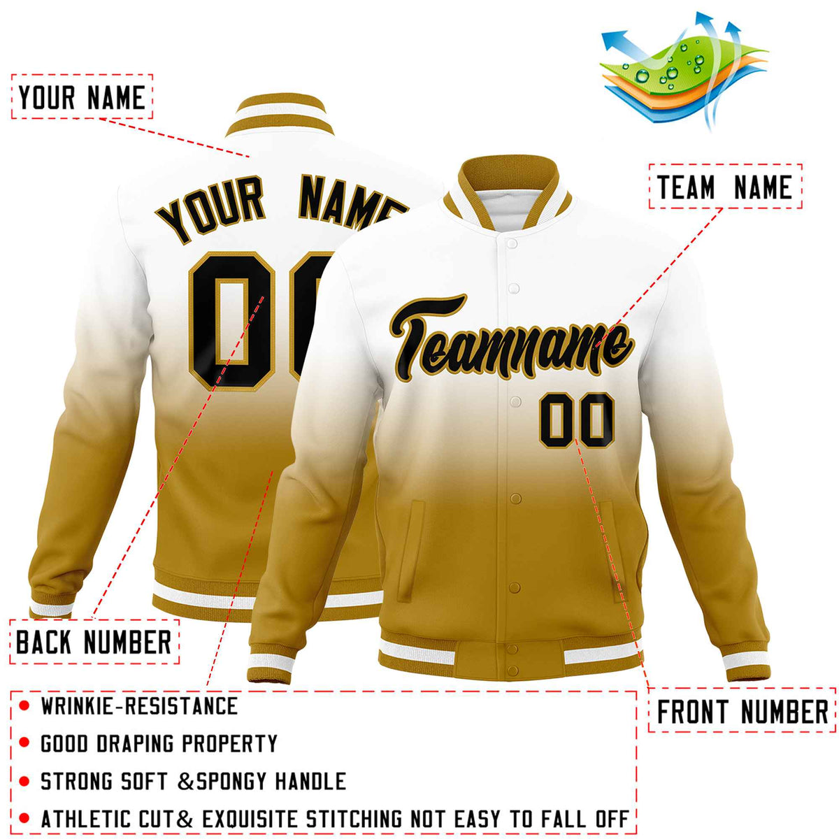Custom White Old Gold Full-Snap Varsity Personalization Gradient Fashion Letterman Jacket
