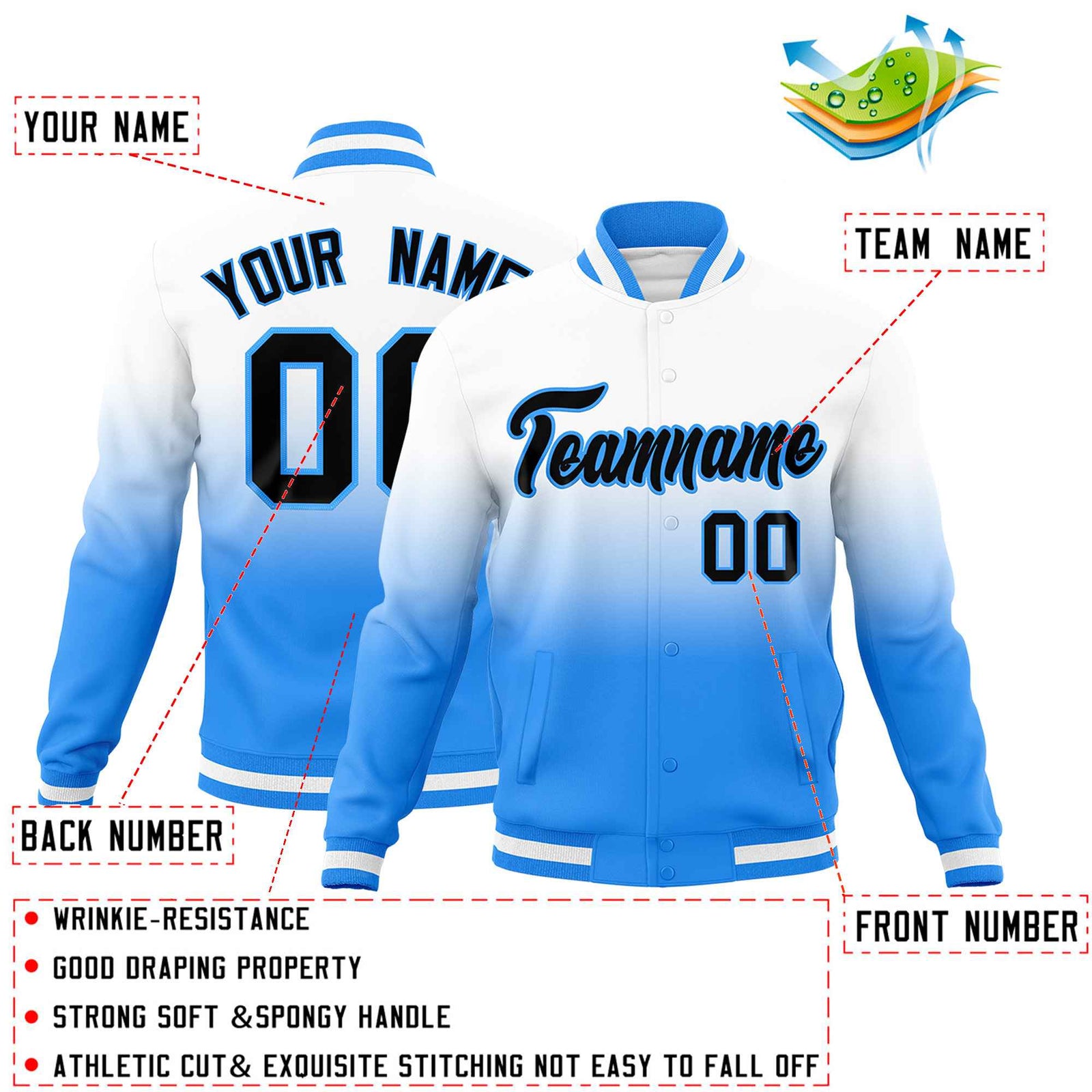 Custom White Powder Blue Full-Snap Varsity Personalization Gradient Fashion Letterman Jacket