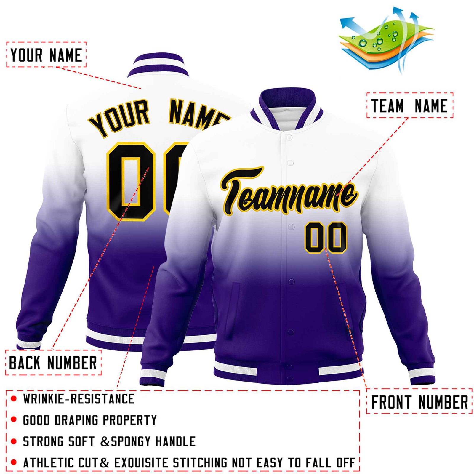 Custom White Purple Full-Snap Varsity Personalization Gradient Fashion Letterman Jacket