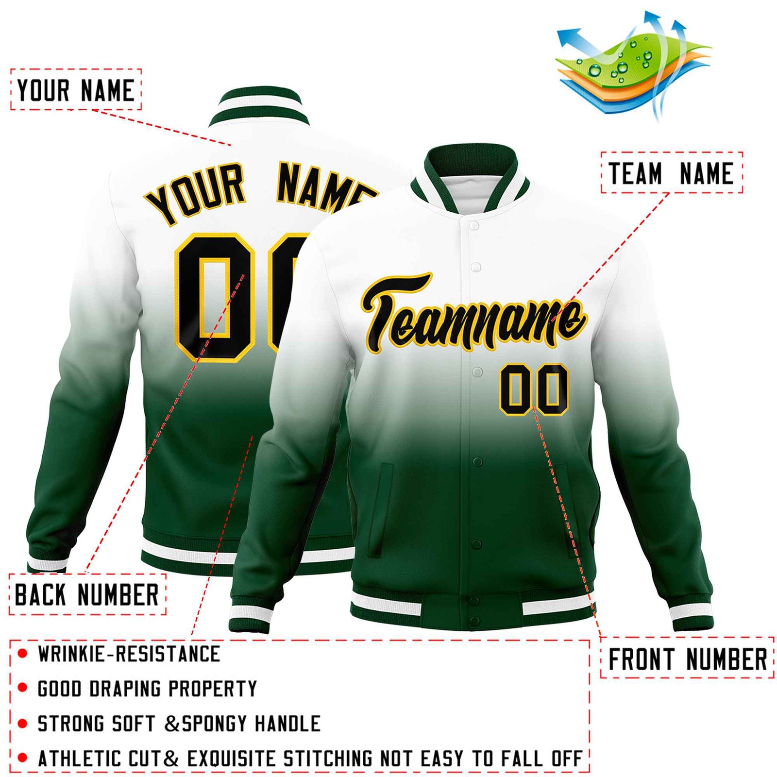Custom White Gold Full-Snap Varsity Personalization Gradient Fashion Letterman Jacket