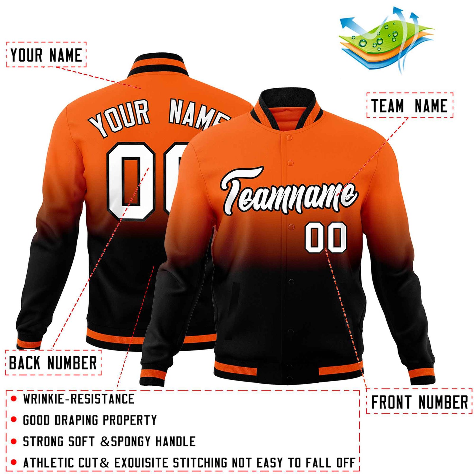 Custom Orange Black Full-Snap Varsity Personalization Gradient Fashion Letterman Jacket