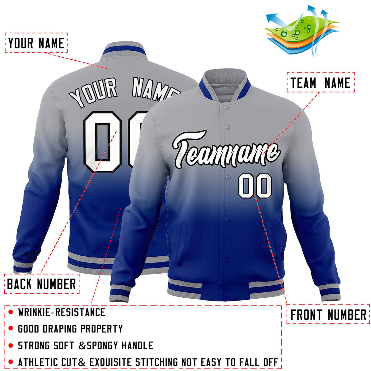 Custom Gray Royal Blue Full-Snap Varsity Personalization Gradient Fashion Letterman Jacket