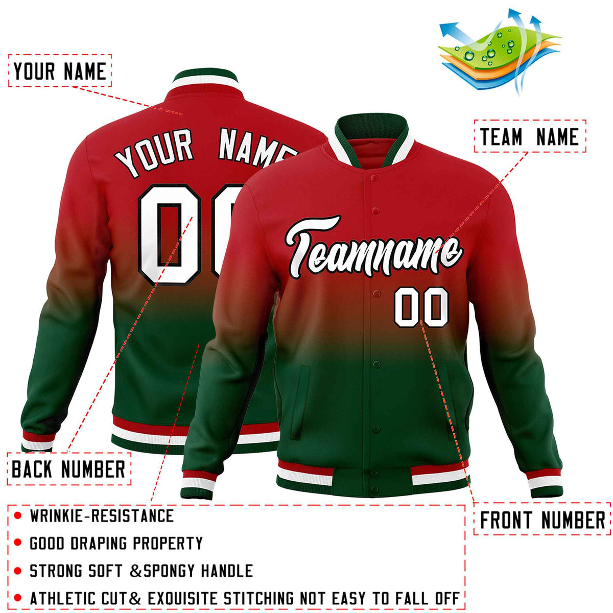 Custom Red Green Full-Snap Varsity Personalization Gradient Fashion Letterman Jacket