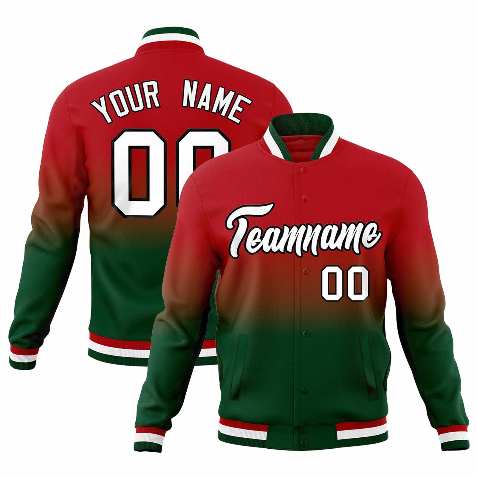 Custom Red Green Full-Snap Varsity Personalization Gradient Fashion Letterman Jacket