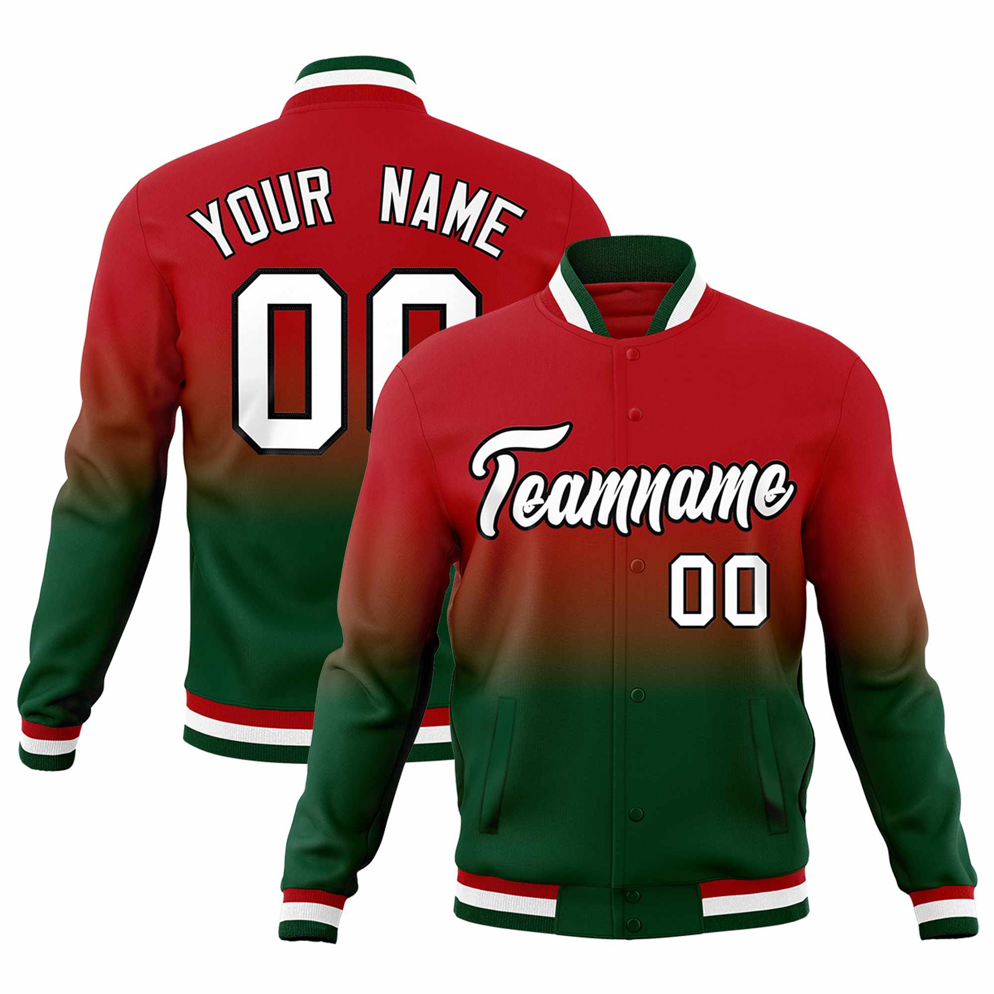 Custom Red Green Full-Snap Varsity Personalization Gradient Fashion Letterman Jacket