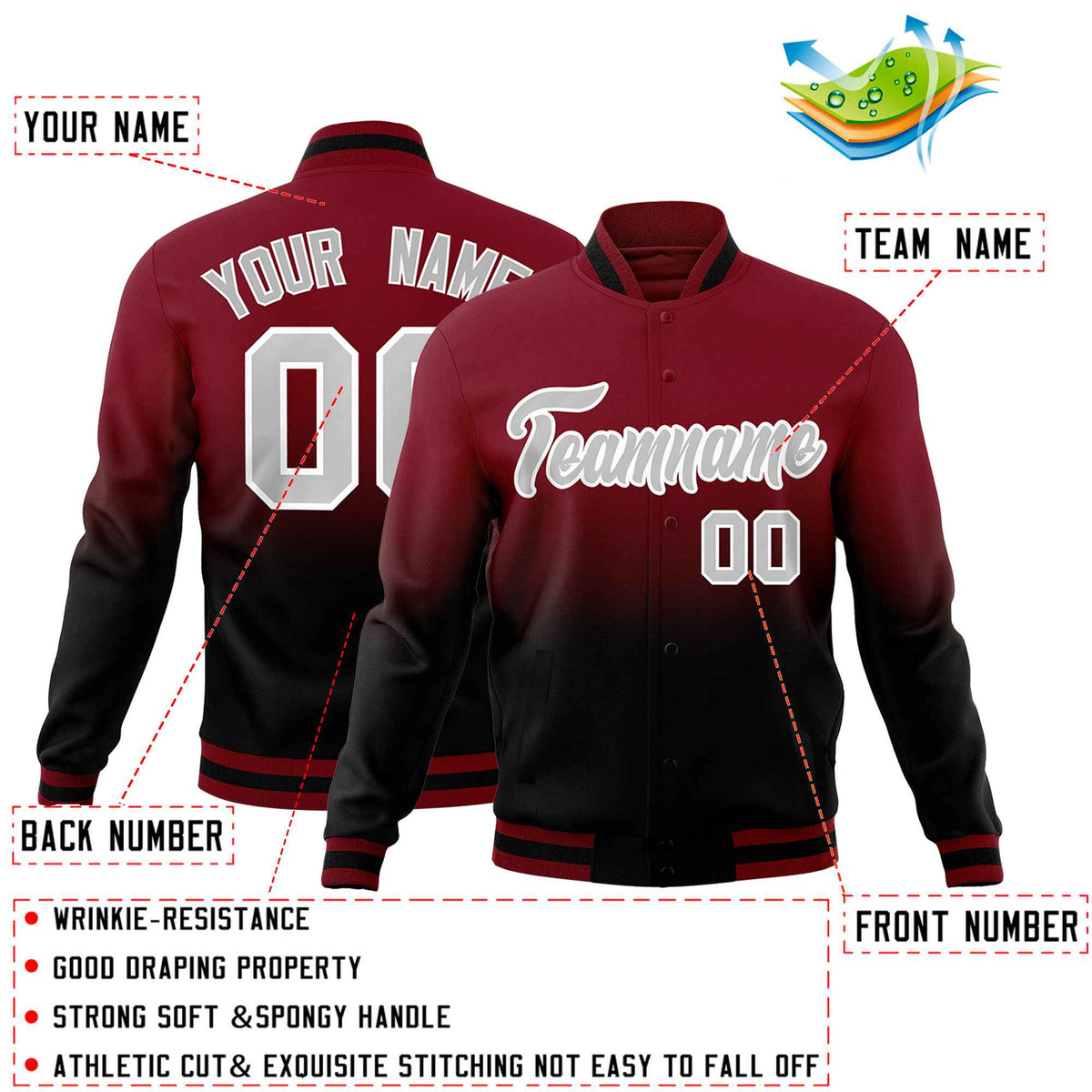 Custom Crimson Black Full-Snap Varsity Personalization Gradient Fashion Letterman Jacket
