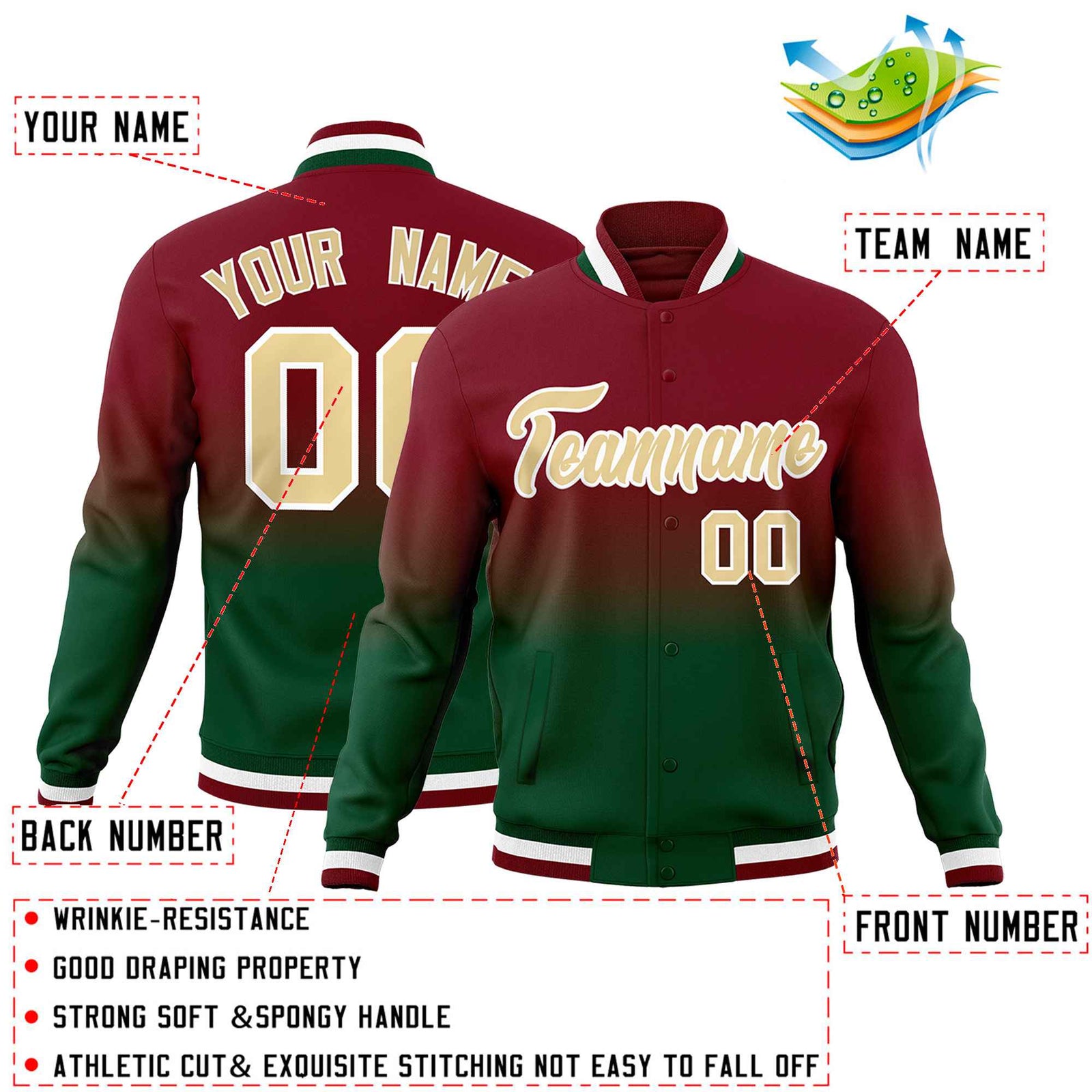 Custom Green Crimson Full-Snap Varsity Personalization Gradient Fashion Letterman Jacket
