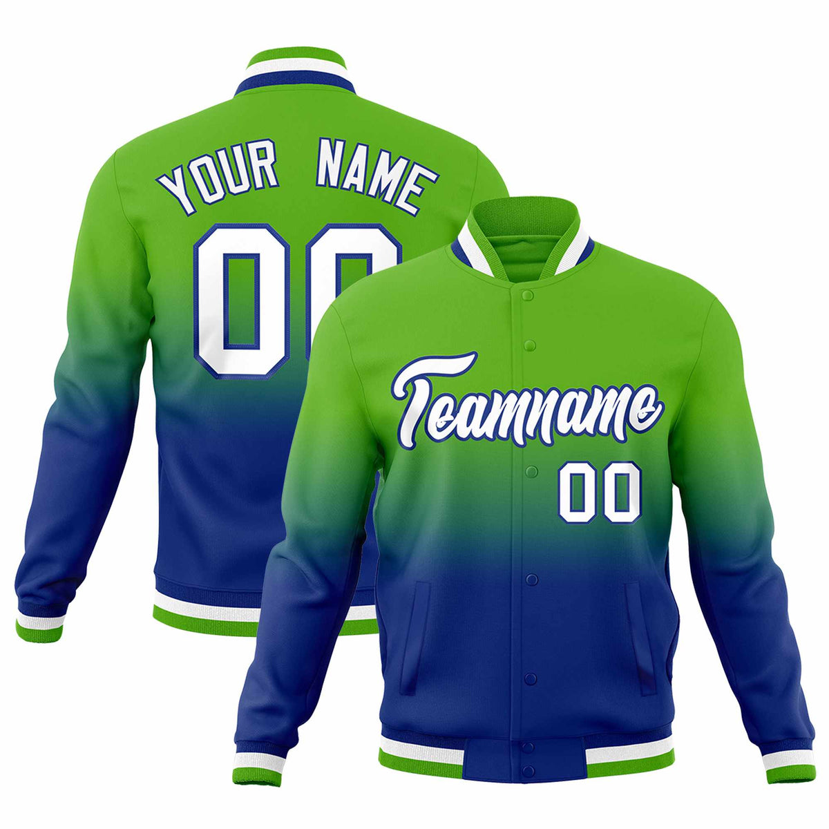 Custom Royal Green Full-Snap Varsity Personalization Gradient Fashion Letterman Jacket