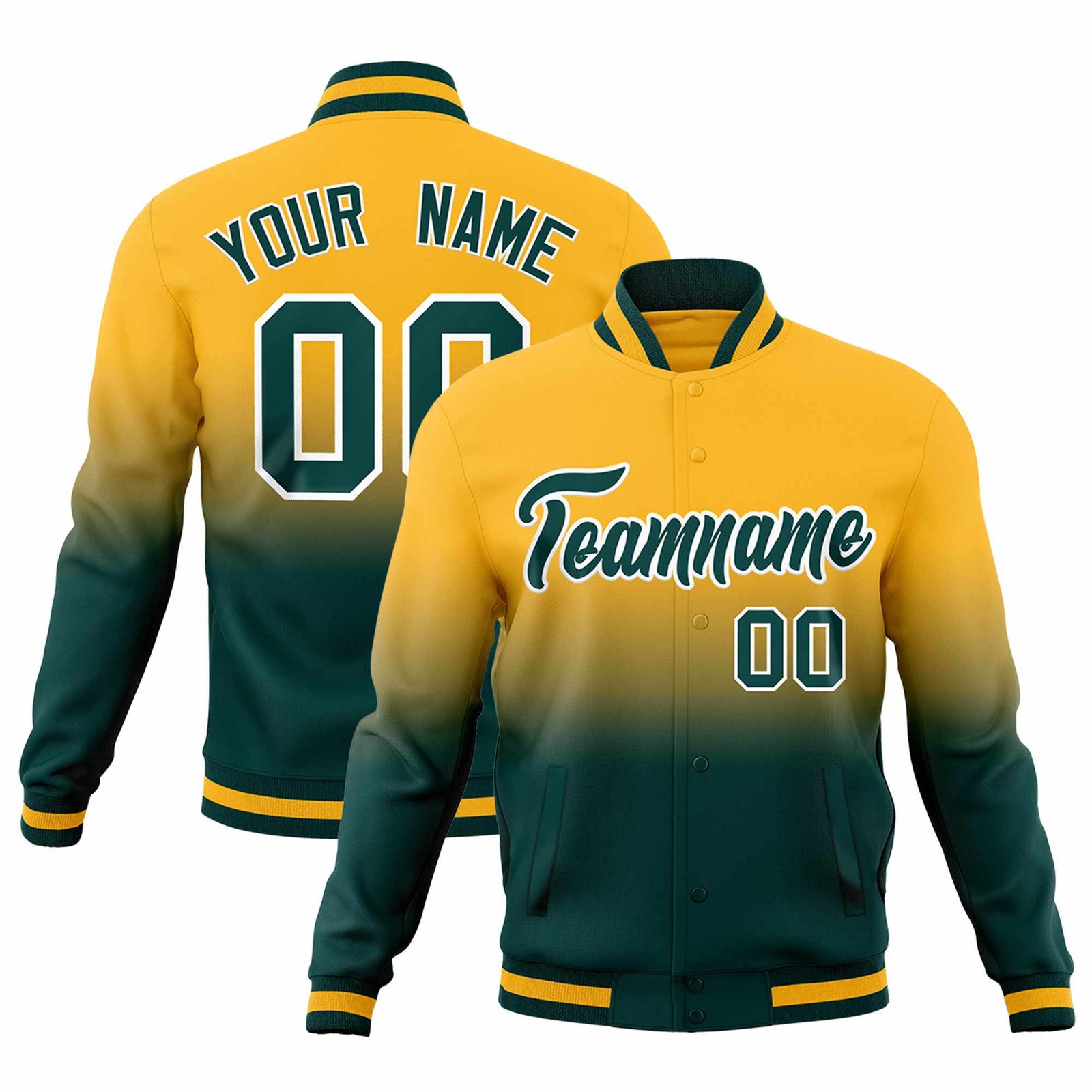 Custom Gold Midnight Green Full-Snap Varsity Personalization Gradient Fashion Letterman Jacket