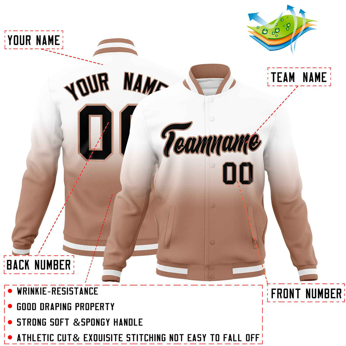 Custom White Light Brown Full-Snap Varsity Personalization Gradient Fashion Letterman Jacket