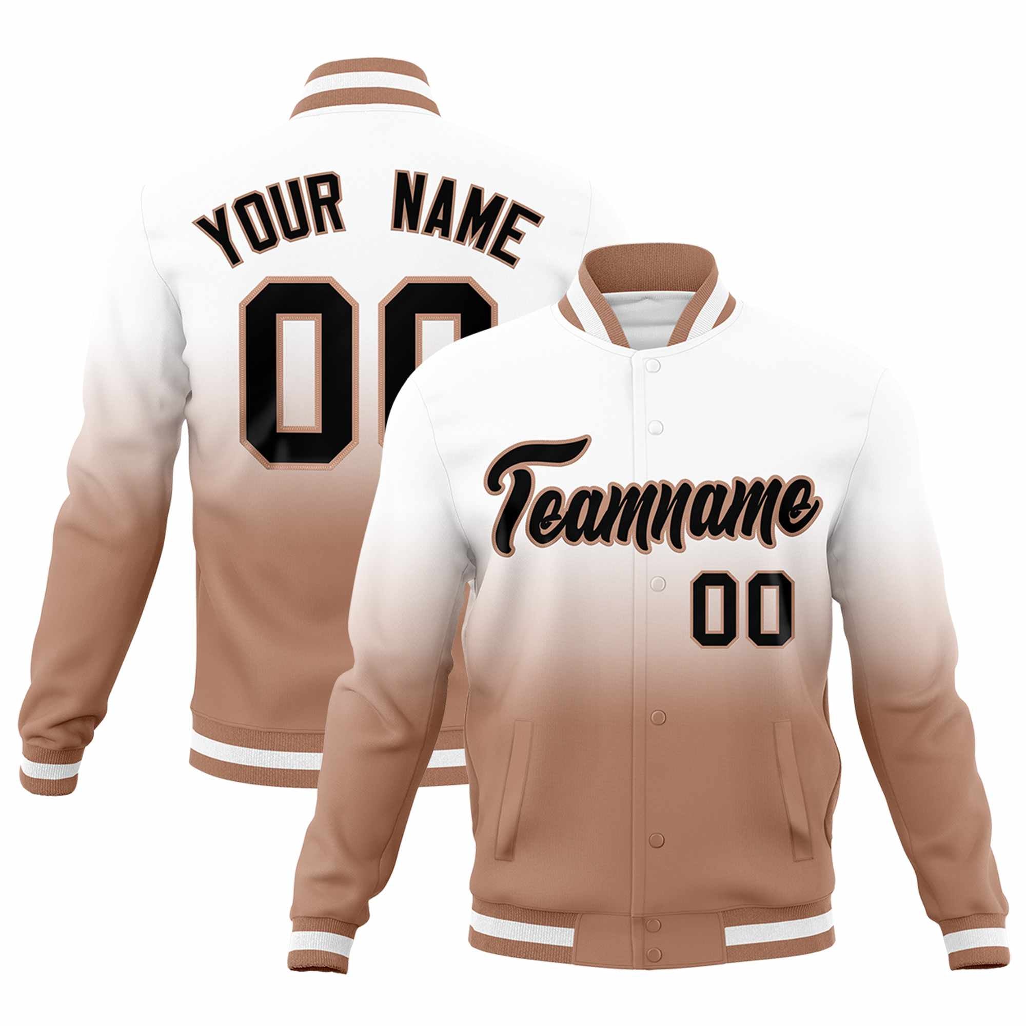 Custom White Light Brown Full-Snap Varsity Personalization Gradient Fashion Letterman Jacket