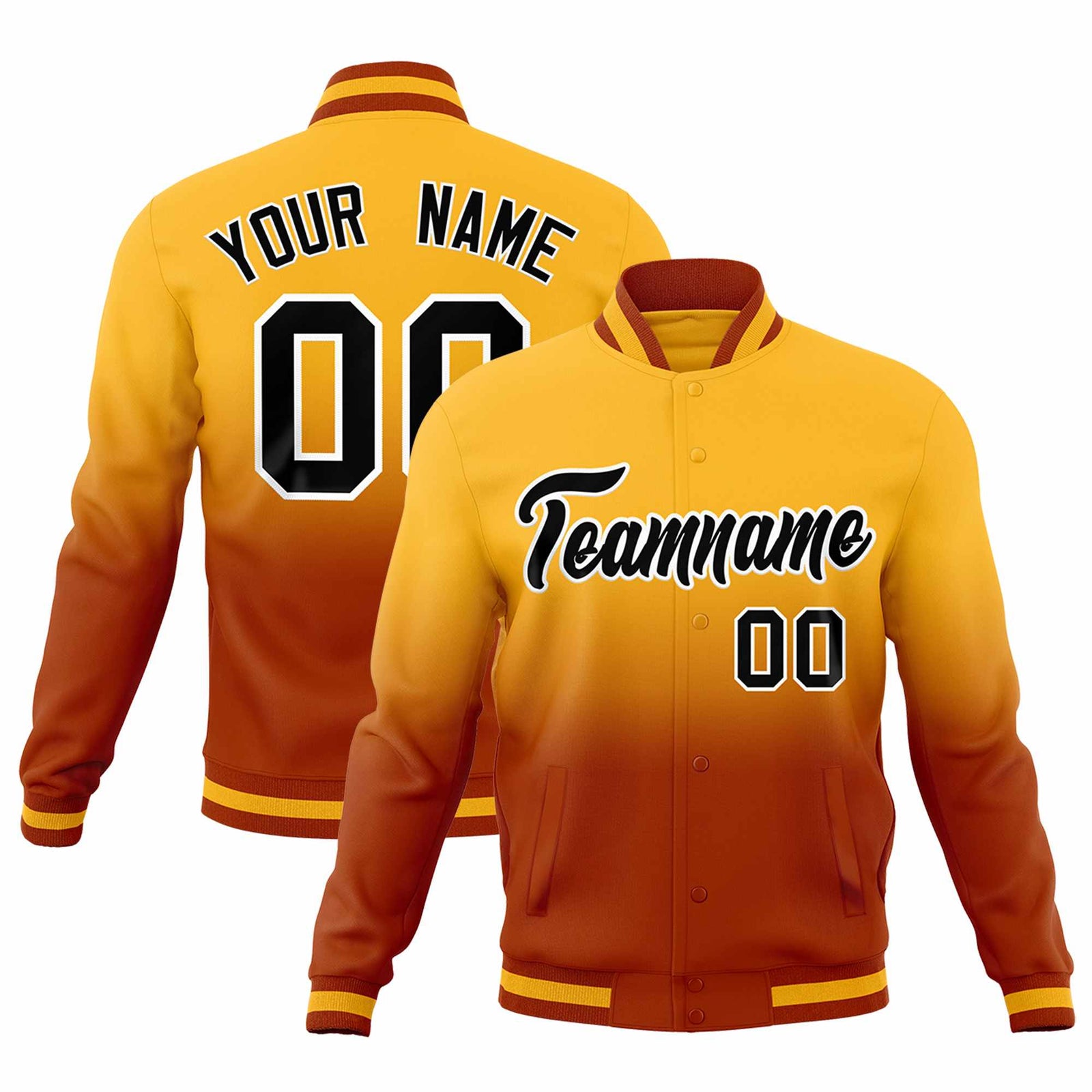 Custom Gold Dark Orange Full-Snap Varsity Personalization Gradient Fashion Letterman Jacket