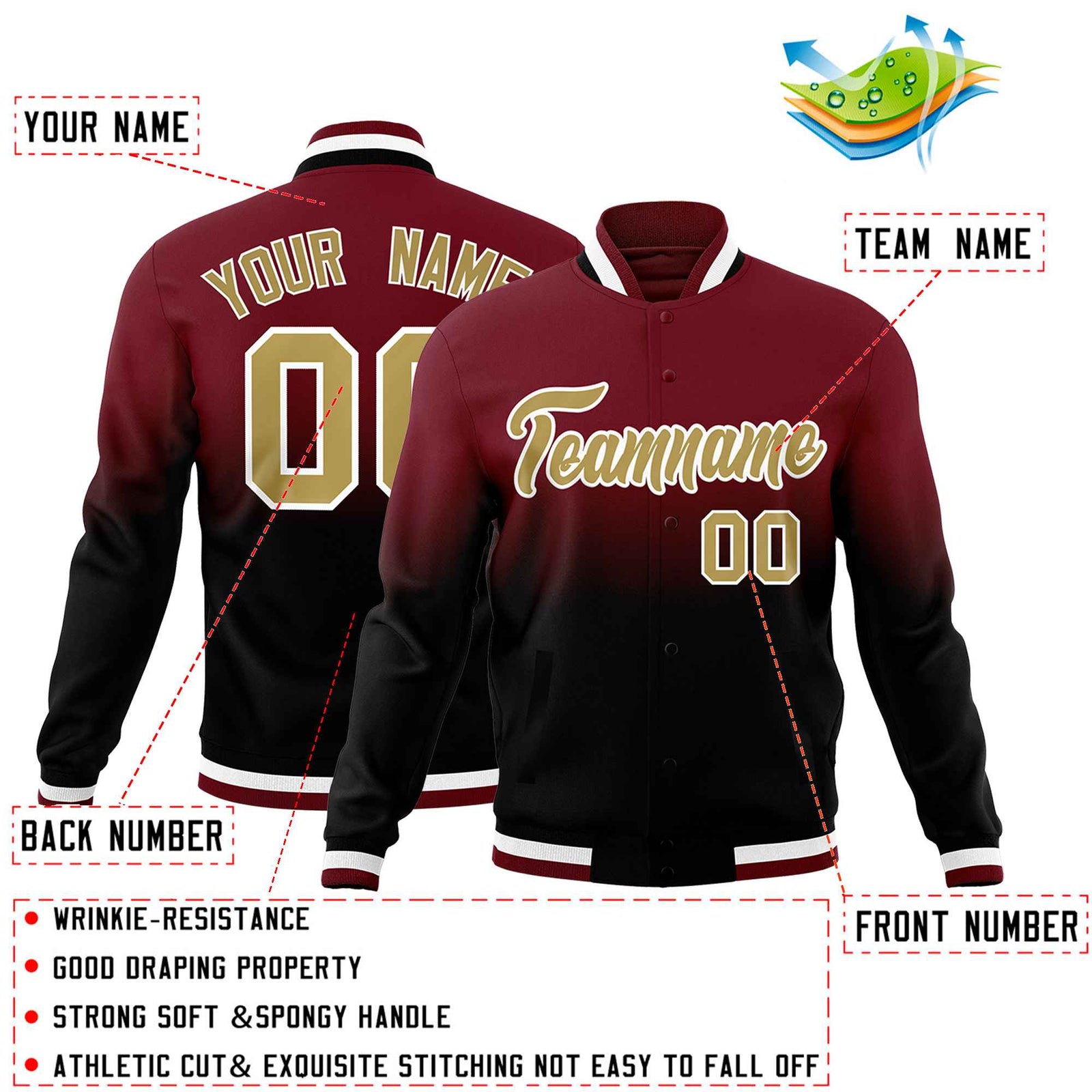 Custom Crimson Black Full-Snap Varsity Personalization Gradient Fashion Letterman Jacket