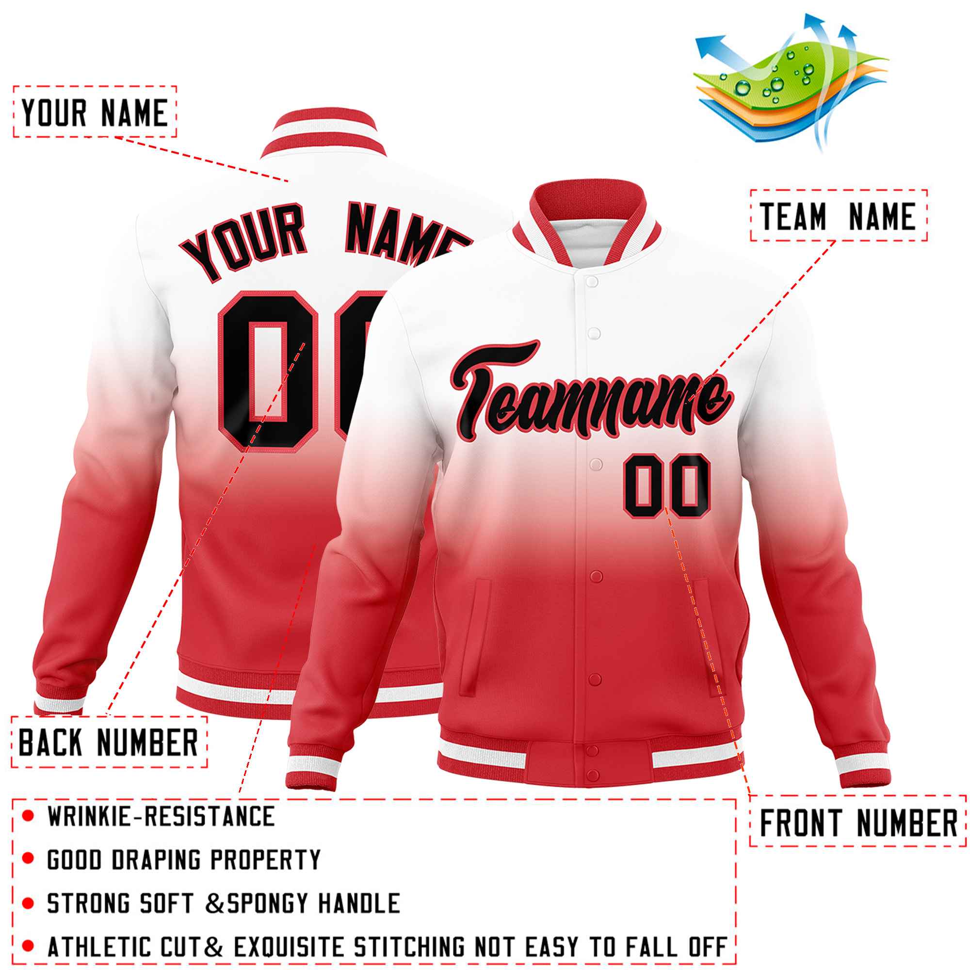 Custom White Light Red Full-Snap Varsity Personalization Gradient Fashion Letterman Jacket
