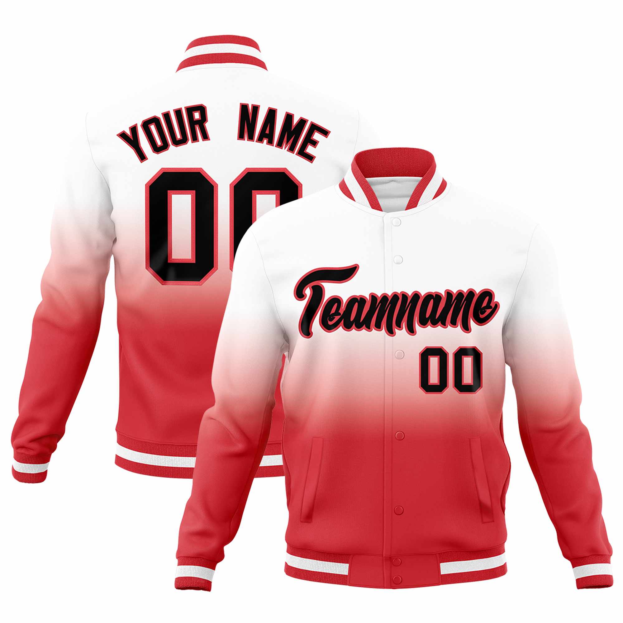 Custom White Light Red Full-Snap Varsity Personalization Gradient Fashion Letterman Jacket