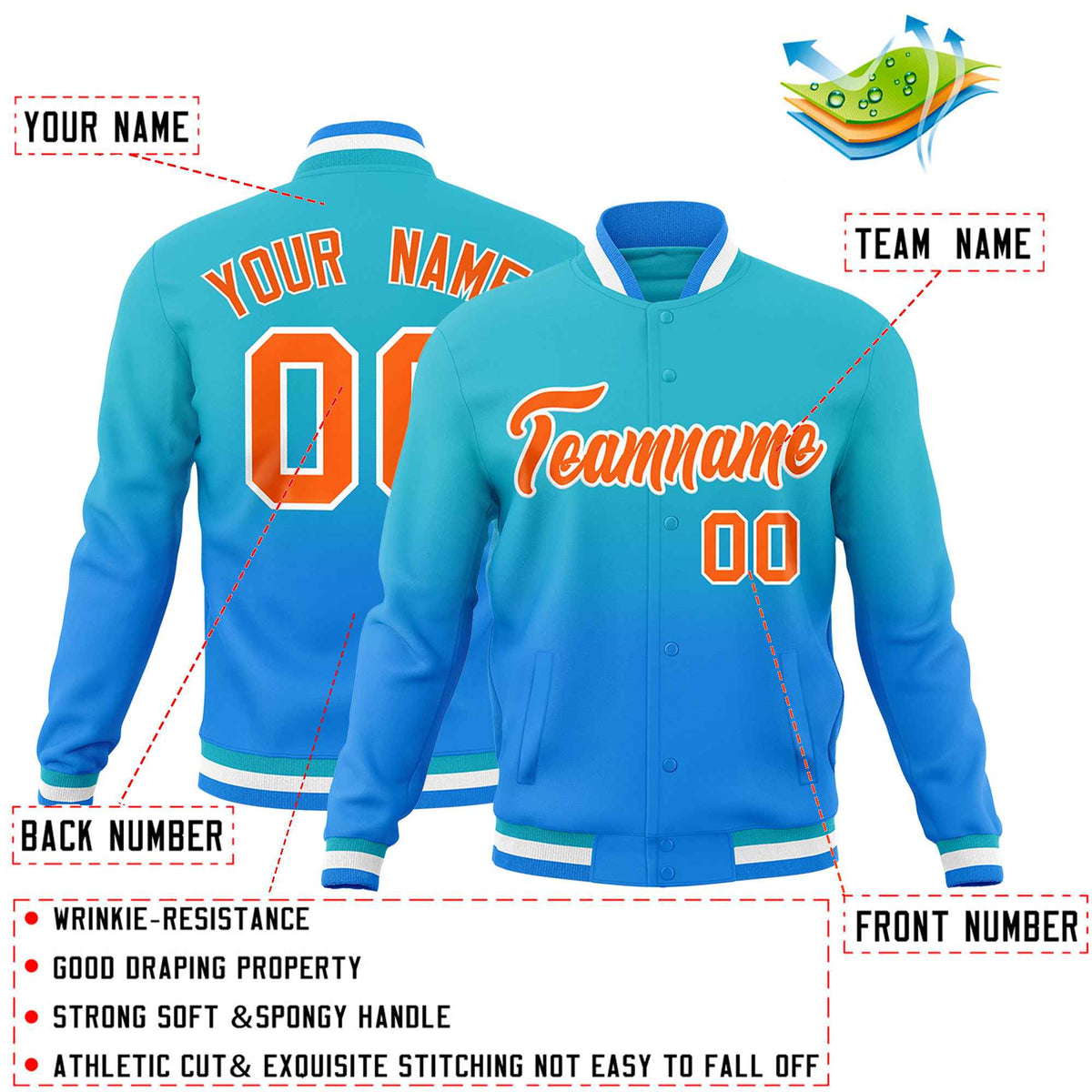 Custom Sky Blue Powder Blue Full-Snap Varsity Personalization Gradient Fashion Letterman Jacket