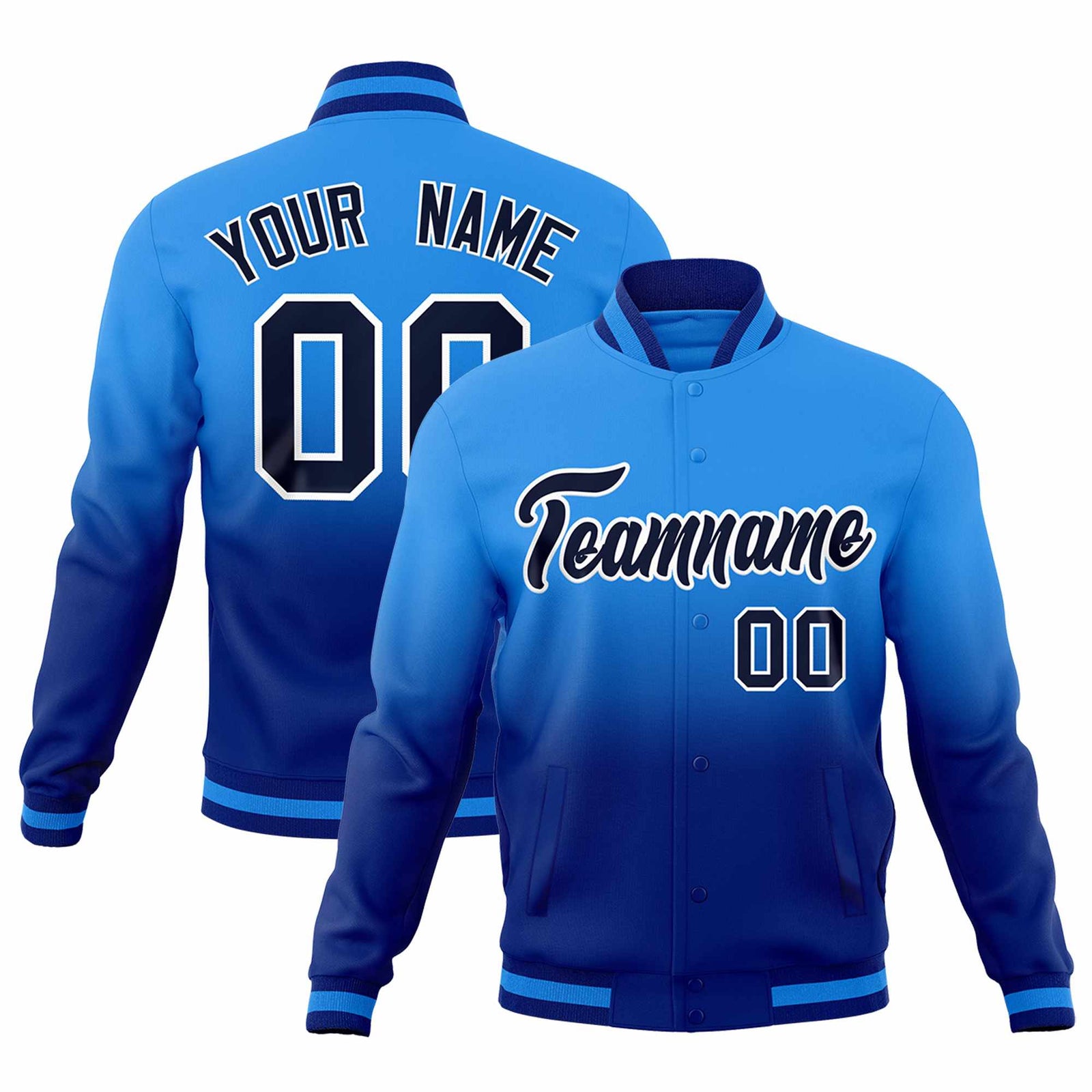 Custom Powder Blue Royal Full-Snap Varsity Personalization Gradient Fashion Letterman Jacket