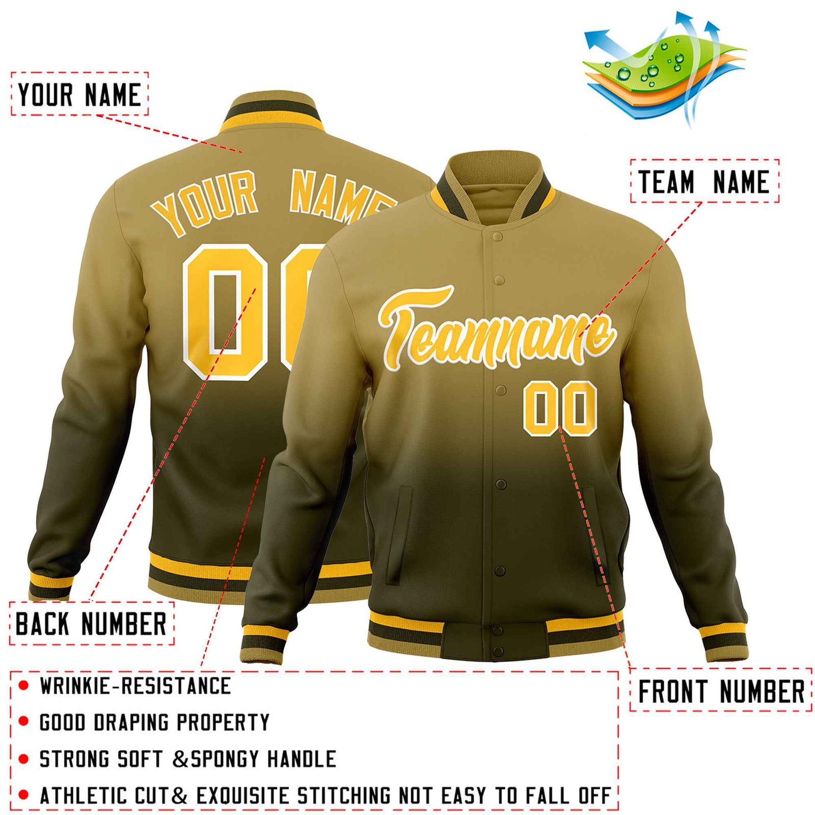 Custom Olive Desert Yellow Full-Snap Varsity Personalization Gradient Fashion Letterman Jacket