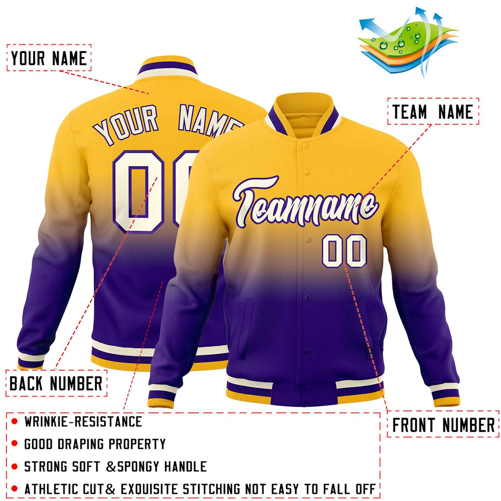 Custom Purple Gold Full-Snap Varsity Personalization Gradient Fashion Letterman Jacket