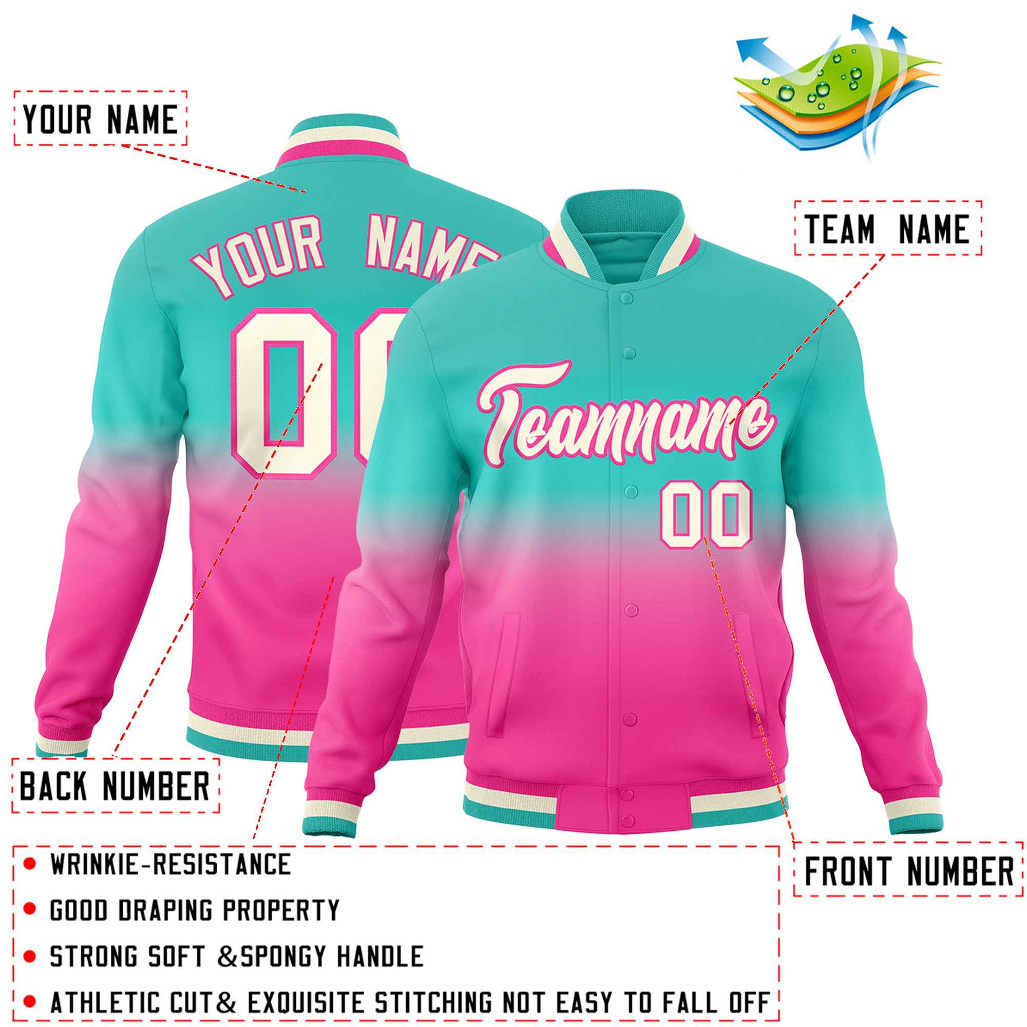 Custom Pink Bright Green Full-Snap Varsity Personalization Gradient Fashion Letterman Jacket