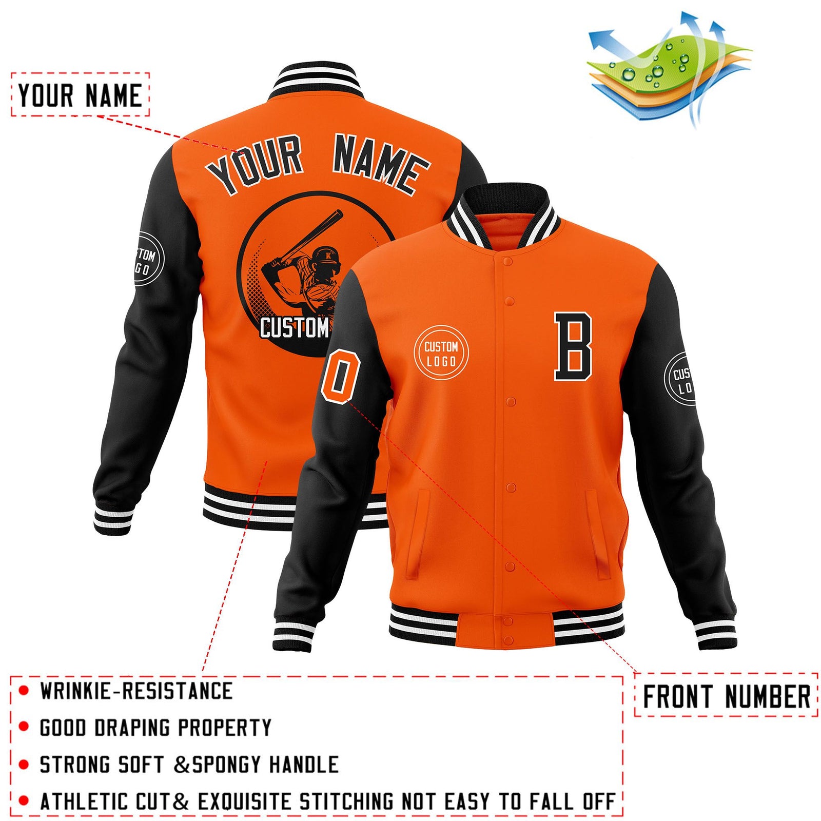 Custom Orange Black Raglan Sleeves Full-Snap Varsity Personalized Letterman Baseball Coats Jacket