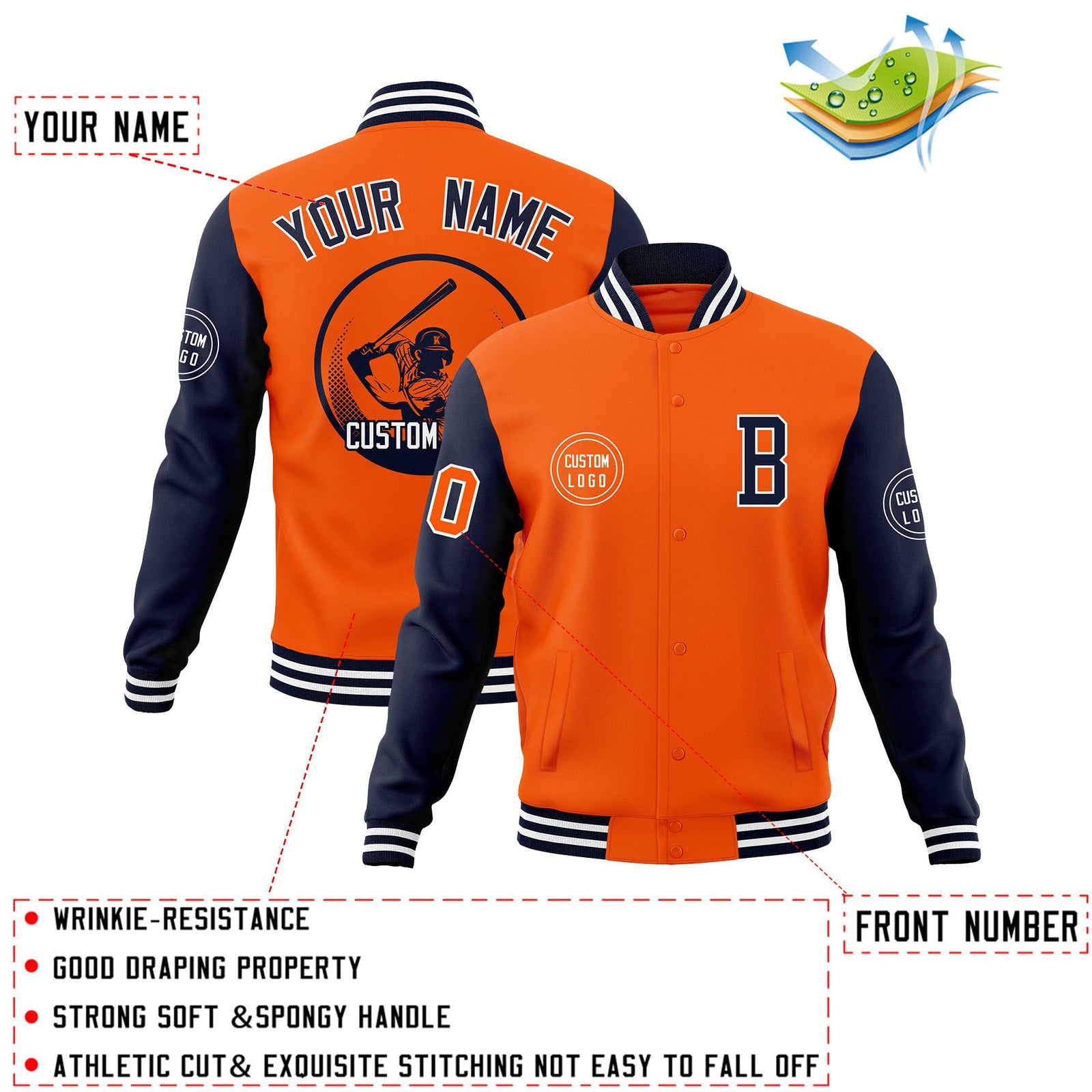 Custom Orange Navy Raglan Sleeves Full-Snap Varsity Personalized Letterman Baseball Coats Jacket