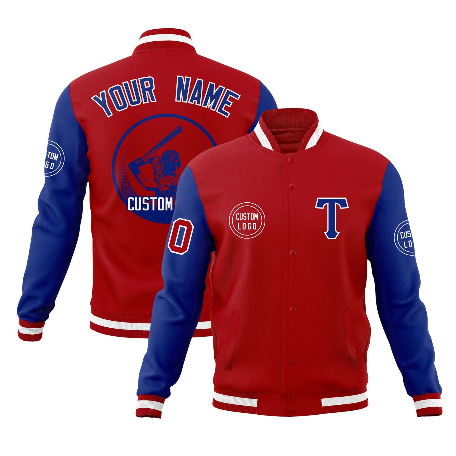 Custom Red Royal Raglan Sleeves Full-Snap Varsity Personalized Letterman Baseball Coats Jacket