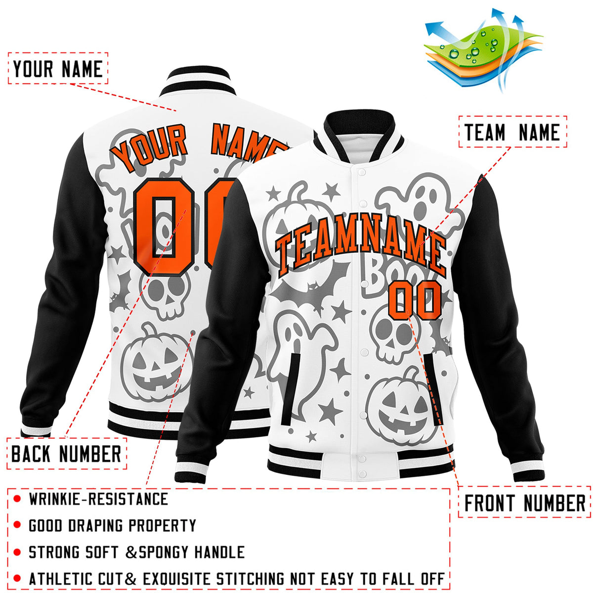 Custom White Black Orange Bats Pumpkins Ghost Patterns Halloween Letterman Jacket | Custom Letterman Jacket,Add Name and Numbern,Sublimation Printed &amp; Stitched,Perfect for Parties | KXKSHOP